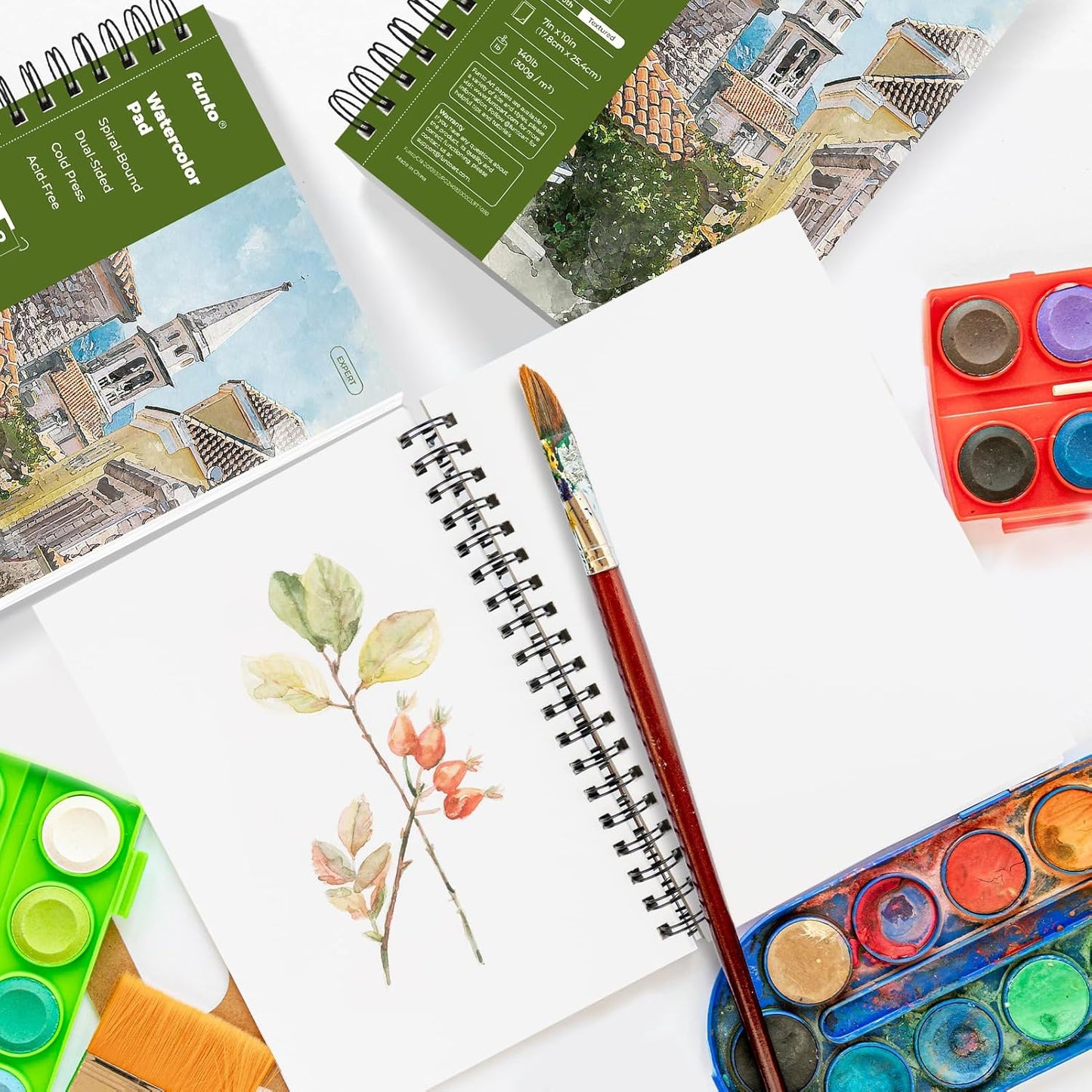 Funto Watercolor Pad 10x7, 3-Pack, 90 Sheets, 140 lb/300 GSM, Double-Sided, Cold Press, Spiral Bound, Heavyweight Paper for Watercolor Painting