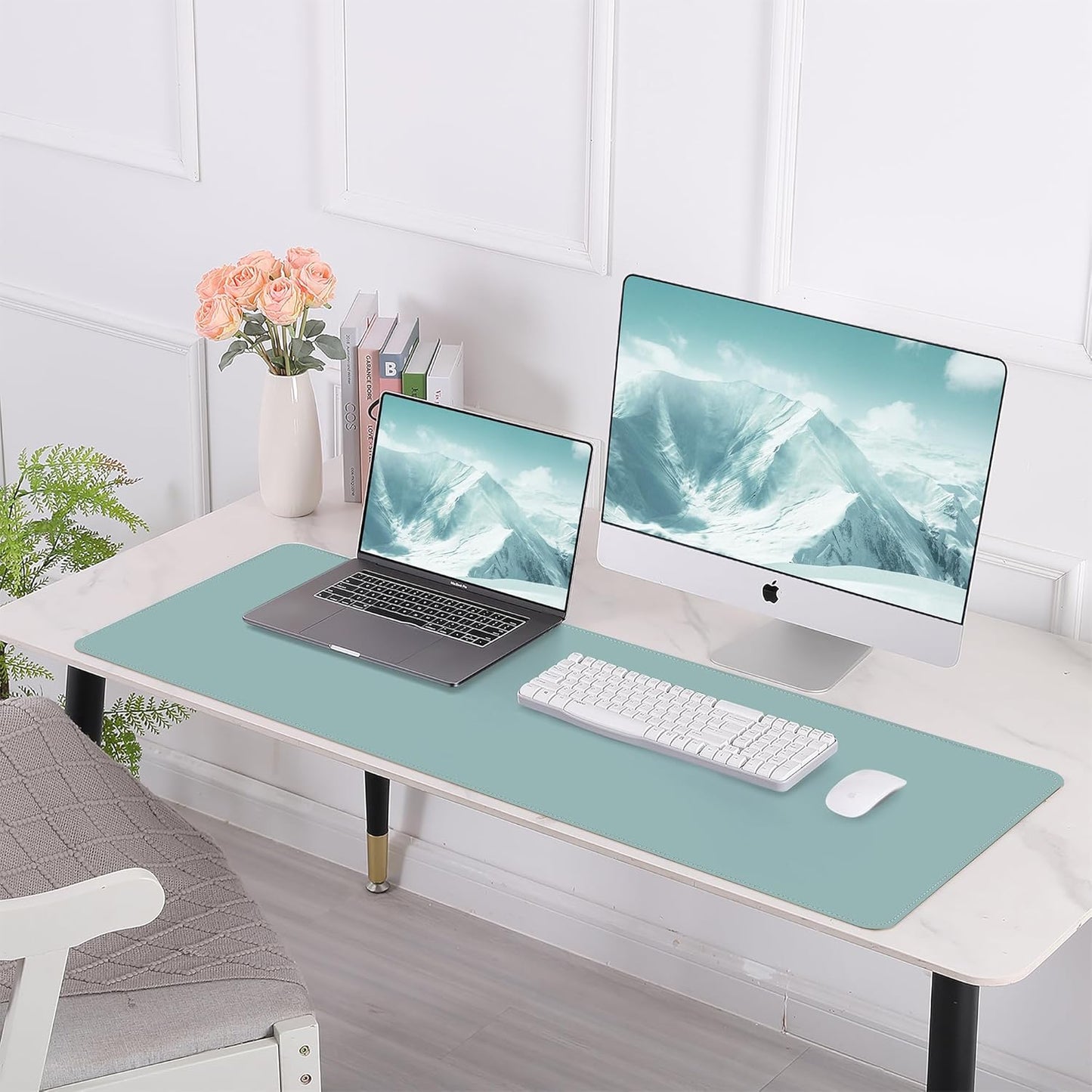 Leather Desk pad Protector, Large Desk mat with Natural Cork & PU Leather,Mouse pad,Non-Slip Office Desk Mat,Waterproof Desk Writing Pad for Office and Home (47in*23.7in, Light Blue)