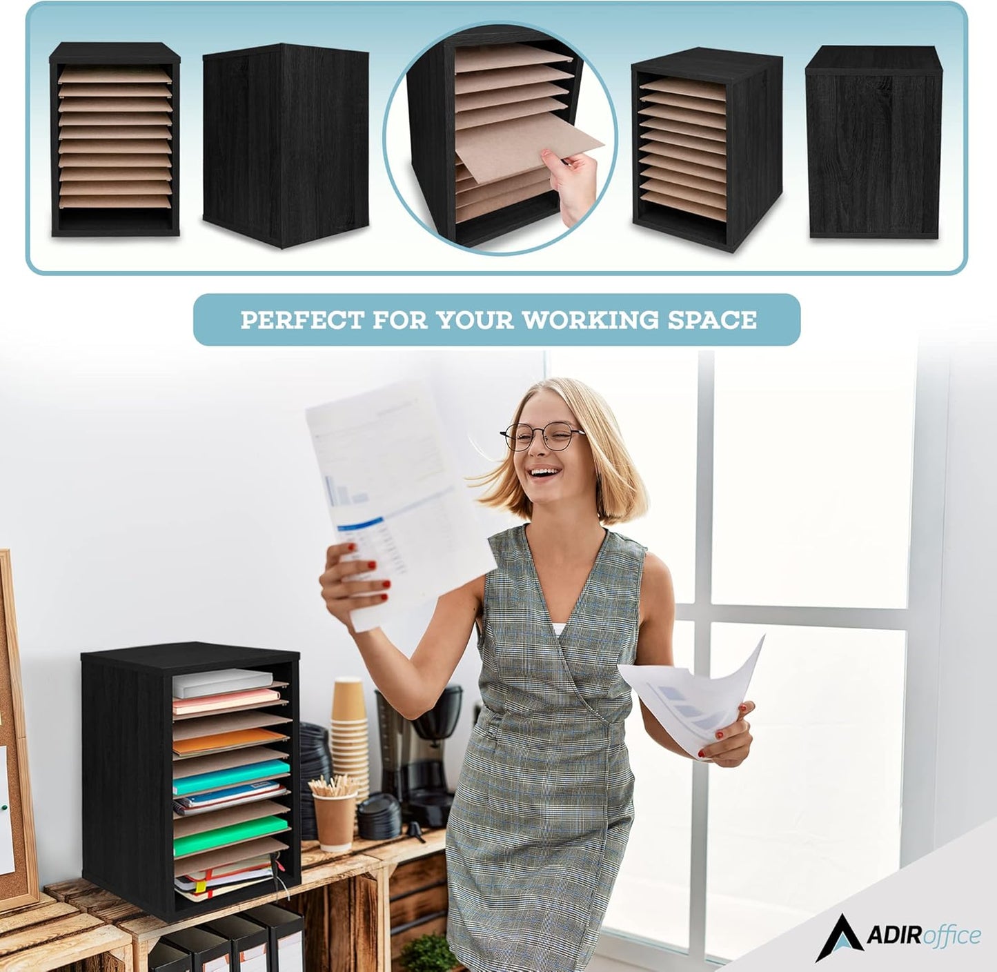 AdirOffice Classroom Mailbox - 11 Compartment Wooden Mail Organizer, Construction Paper Storage, Vertical Desktop Sorter with Slots, Mailboxes With Removable Shelves (11 Slot, Black)