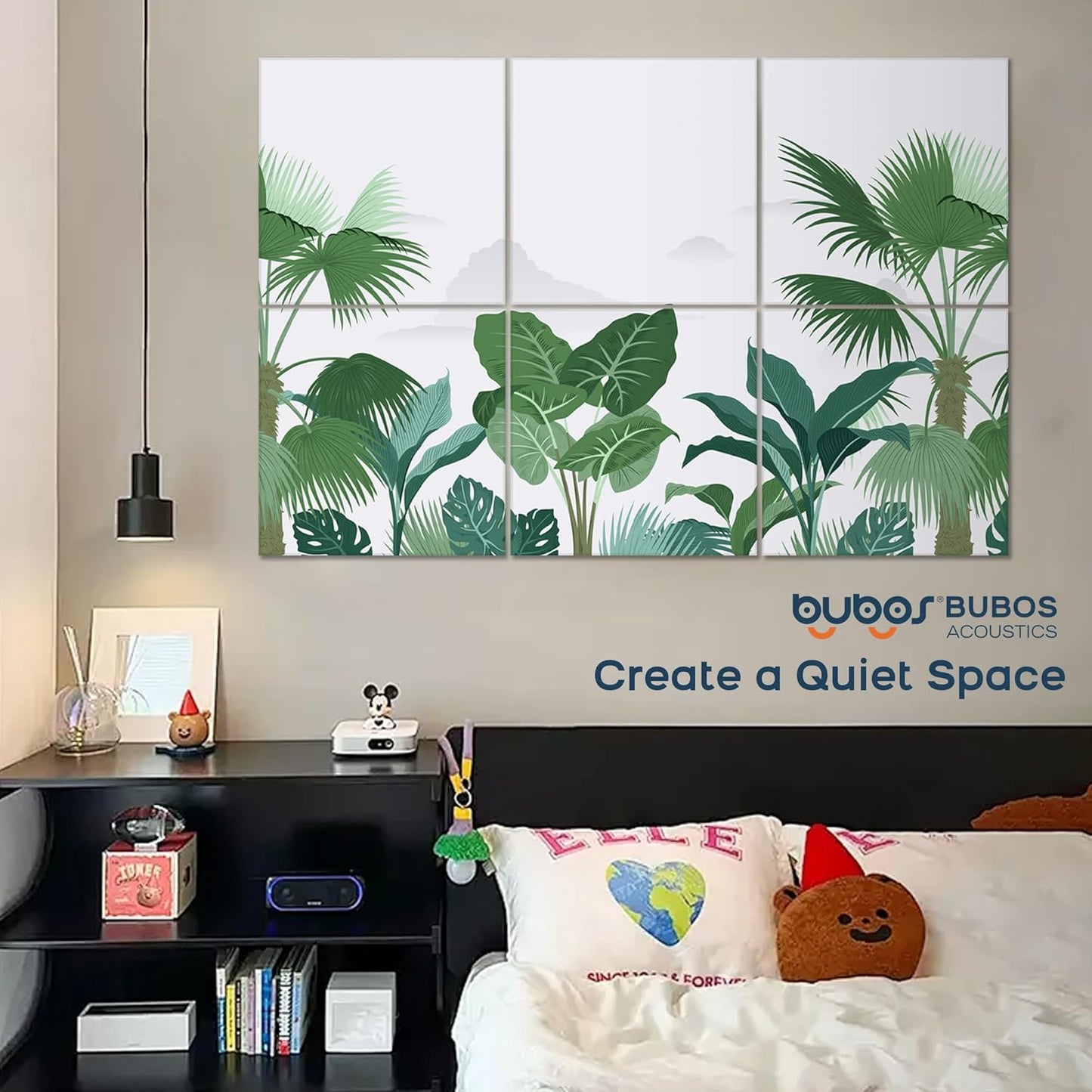 BUBOS 6 Pack Art Acoustic Panels Soundproof Wall Panel,70.8X47.2 Inches Large Sound Absorbing Panel,Self-adhesive Decorative Acoustical Wall Panels, Acoustic Treatment for Home Office(Green Leaves)