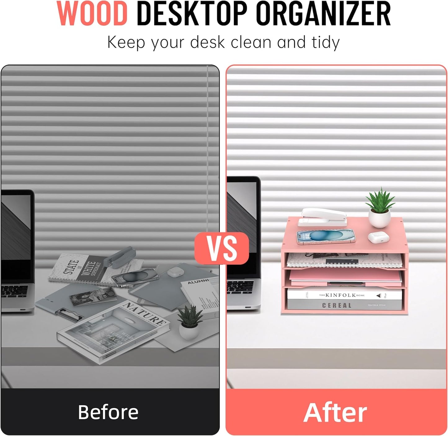 Wood Desk Organizer, 3 Tier Paper Tray Organizer for Desk with Adjustable Storage Shelves, Desktop Paper Sorter Mail Holder for Office Home Classroom, Pink