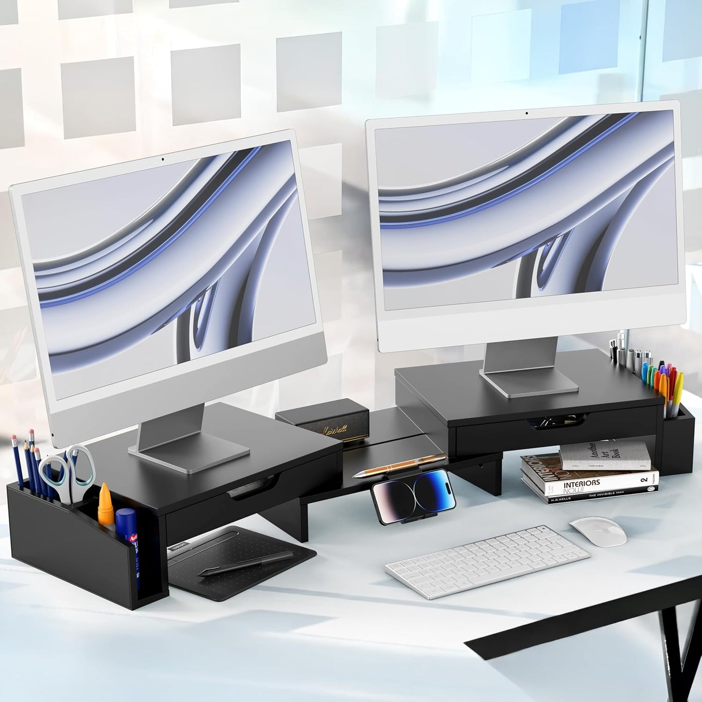 Simple Houseware Desk Dual Monitor Stand Riser with Pull-Out Drawers, Black