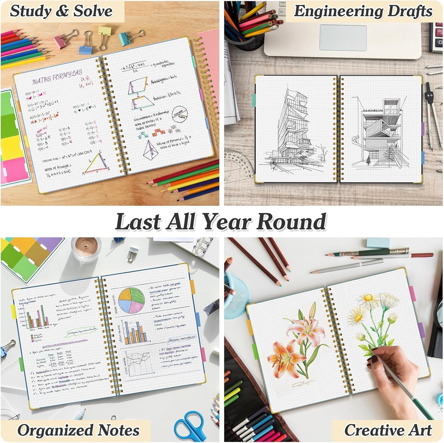 Graph Paper Notebook, Spiral Grid Notebook 8.5" X 11", Hardcover Leather Journal 300 Pages, 100GSM Thick Grid Paper Notebook, Large A5 Graphing Notebook Journal for Women Men Writing Engineering Work