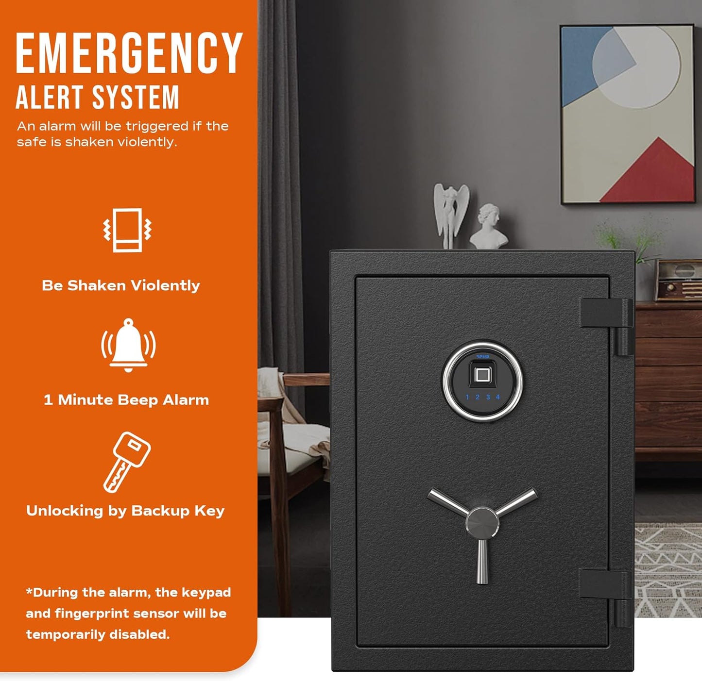 RPNB Deluxe Biometric Fireproof Safe Box,Digital Fingerprint Fireproof Waterproof Safe with Touch Screen,Removable Shelf and 3 Spoke Handle,Home Safes for Cash Documents Jewelry,1.29 Cubic Feet