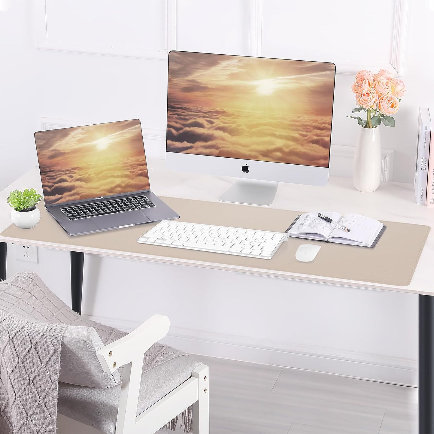 AFIING Leather Desk pad Protector, Large Non-Slip Office Desk Mat with Natural Cork & PU Leather, Waterproof Writing Mouse Pad for Office and Home (47in*23in, Beige)