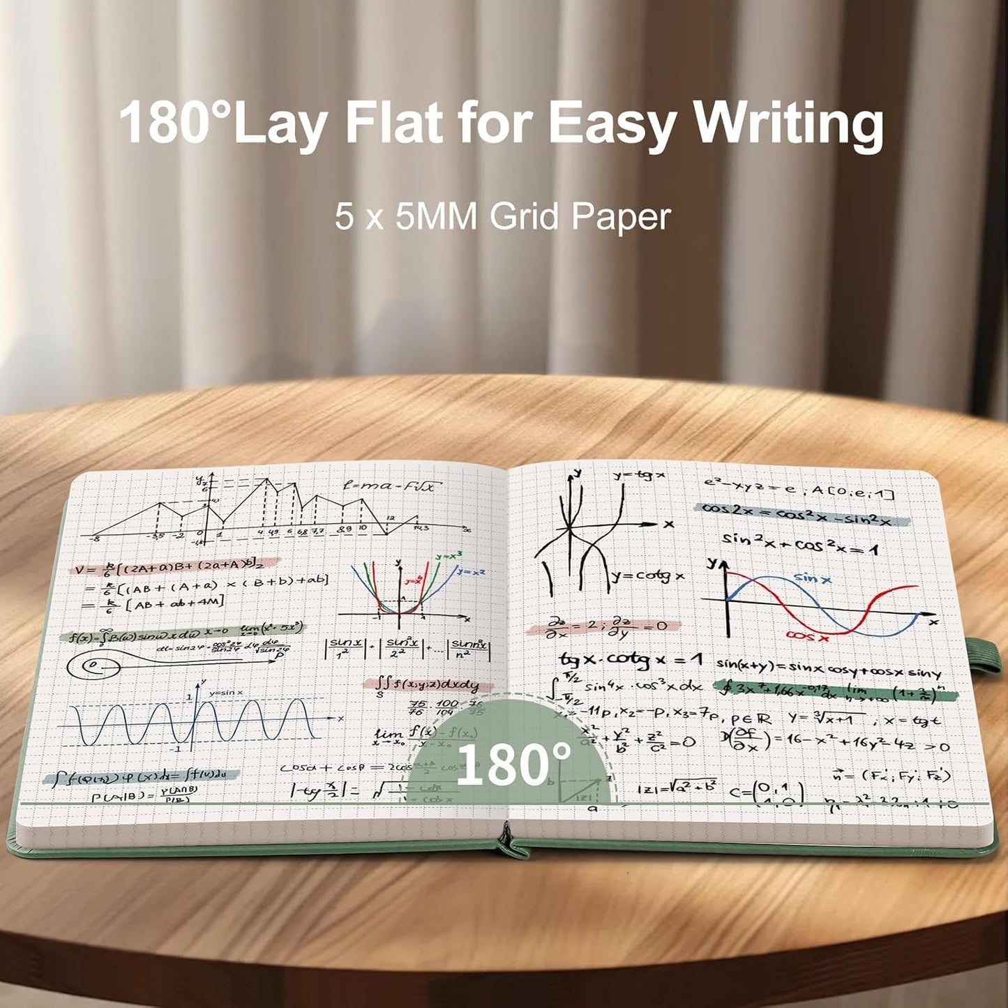 AHGXG Graph Paper Notebook - Grid Notebook Journal A5, 120 GSM Thick Graph Paper, 160 Pages, Leather Hardcover, for Graphing, Writing, Math, Engineering, 5.75'' × 8.38''- Sage Green