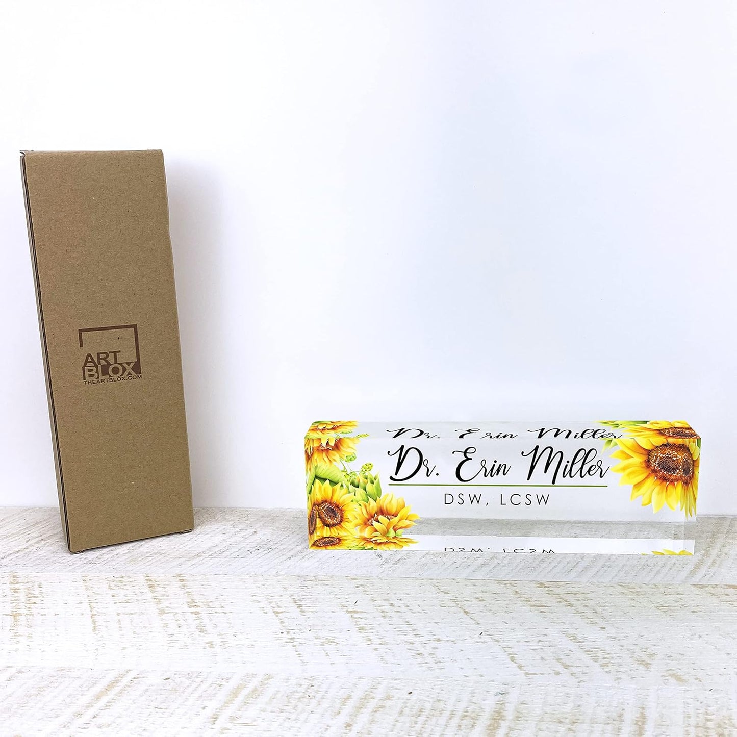 Artblox Office Desk Name Plate Personalized | Custom Name Plates for Desks | Sunflowers Design On Clear Acrylic Glass | Office Desk Decor - (8" x 2.5")