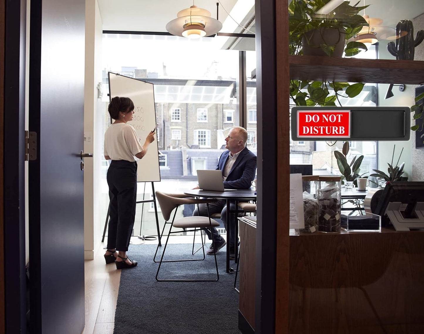 Magnetic Do Not Disturb Sign - Privacy Slider Door Hanger with Non-Scratch Surface, Reversible Indicator for Home Office, Restroom, Hotel, Hospital, Conference Room, 7"x2" Silver.