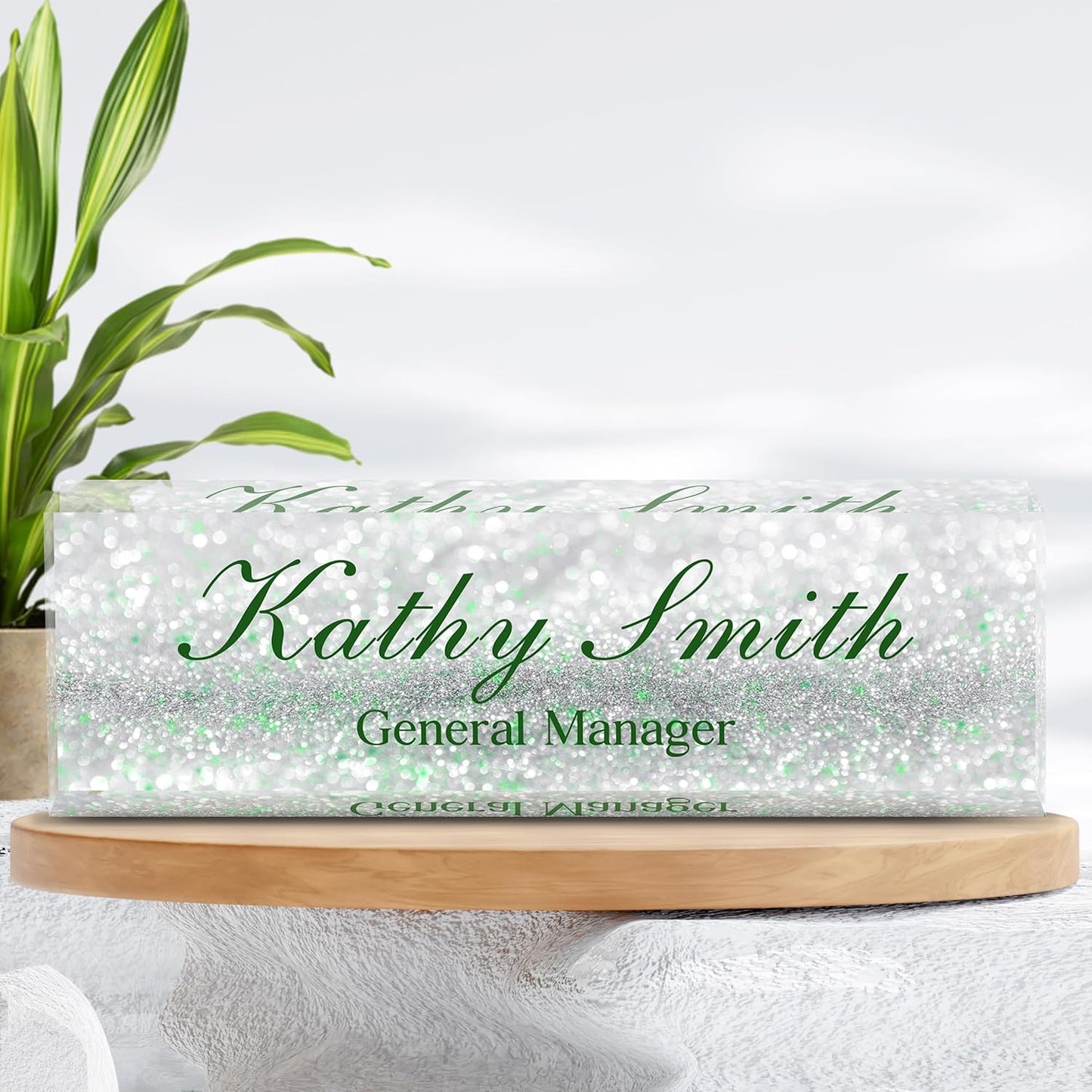 Custom Name Plate for Desk | Personalized Desk Name Plate | Personalized Boss Employee Appreciation Gifts | Acrylic Name Plate Office Desk Accessories (A-Silver Green Crystal)