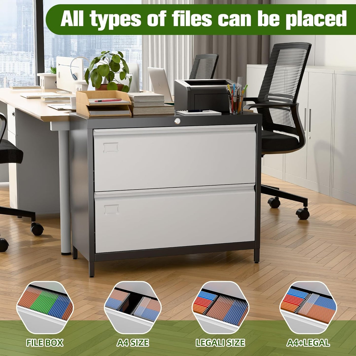 Metal 2 Drawer Lateral File Cabinet with Lock & Adjustable Feet - Wide Filing Cabinet for Letter/Legal/F4/A4 Hanging Files - Includes Business Card Holder,Home Office School Storage,Black/Grey