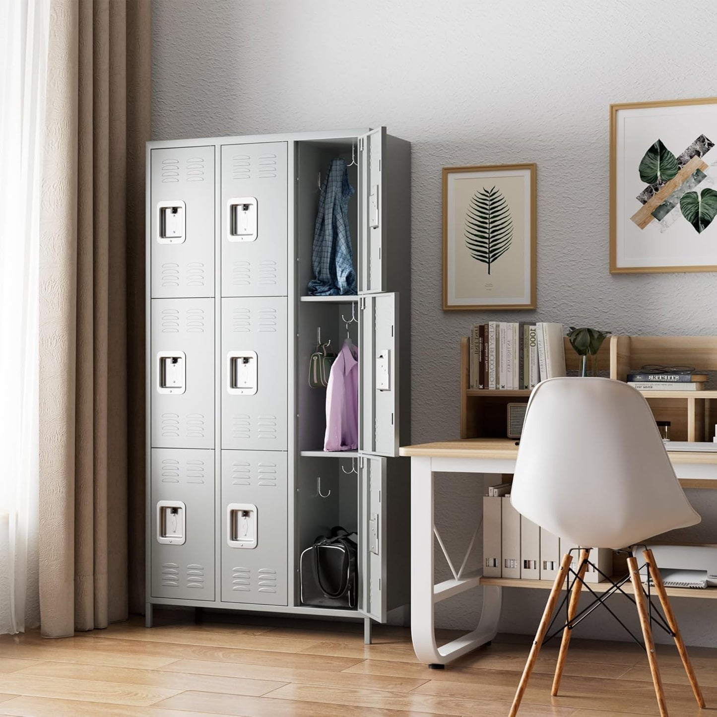 Metal Storage Locker with 9 Doors and 27 Hooks,Metal Lockers for Employees with Lock for School Garage Office Gym,Assembly Required,Light Grey