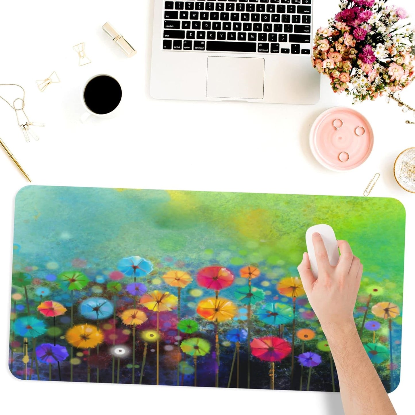 Desk Mat,Abstract Watercolor Flowers Extended Gaming Mouse Pad for Office Work & Game,Computer Keyboard Mouse Mat Desk Non-Slip Rubber Base Large Mousepad with Stitched Edges, 31.5x15.7inch