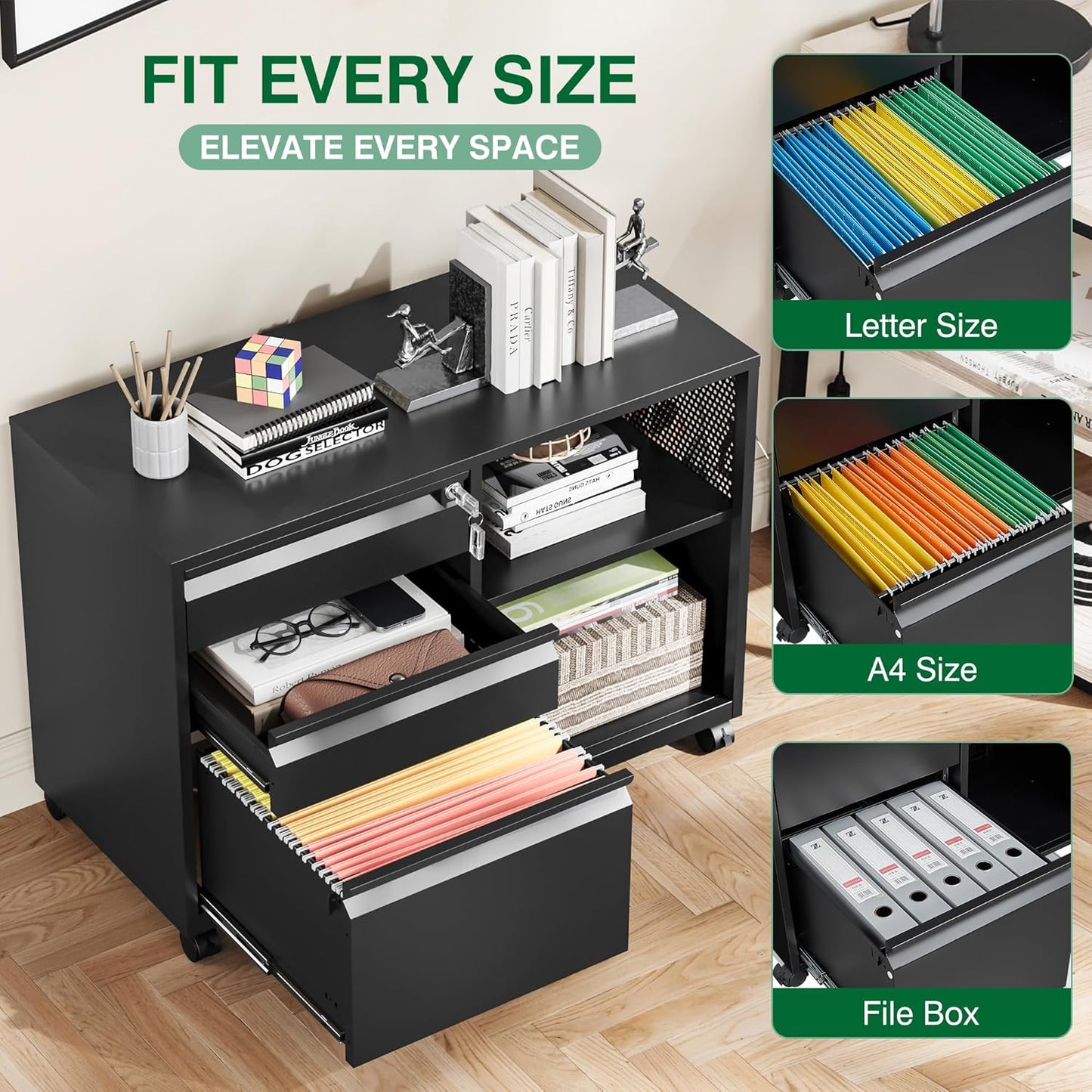 3 Drawer Metal File Cabinet with Lock,Mobile Lateral Filing Cabinet,Printer Stand Storage Cabinets with Shelves for Home Office(Black)