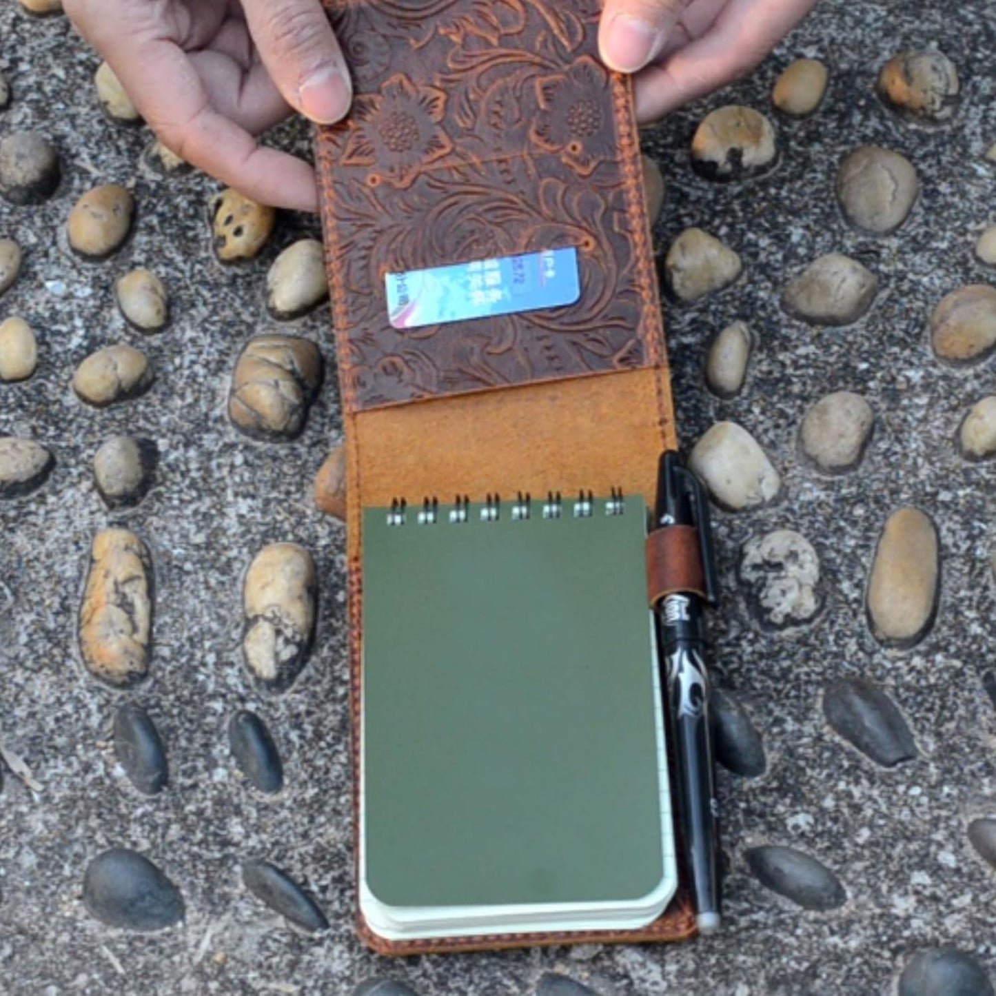 JJNUSA Leather Cover for Rite in the Rain Spiral Notebooks 3" x 5" Distressed Genuine Leather Memo Notebook Cover for Pocket Notebook 3 x 5 Flower Brown