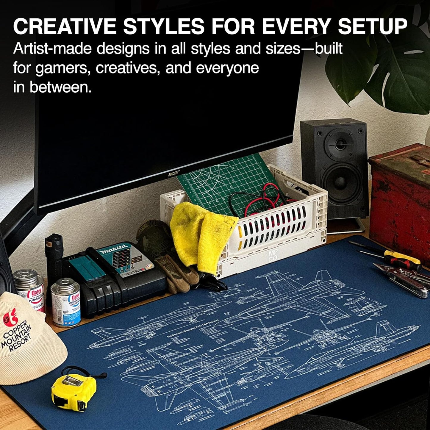 MPCO. Blueprints Large Gaming Desk Pad - 36" x 17" Aeroglyde Fabric Browning 1911 – White Desk Mats - Non-Slip, Washable, Smooth Glide for Precision Gaming & Work