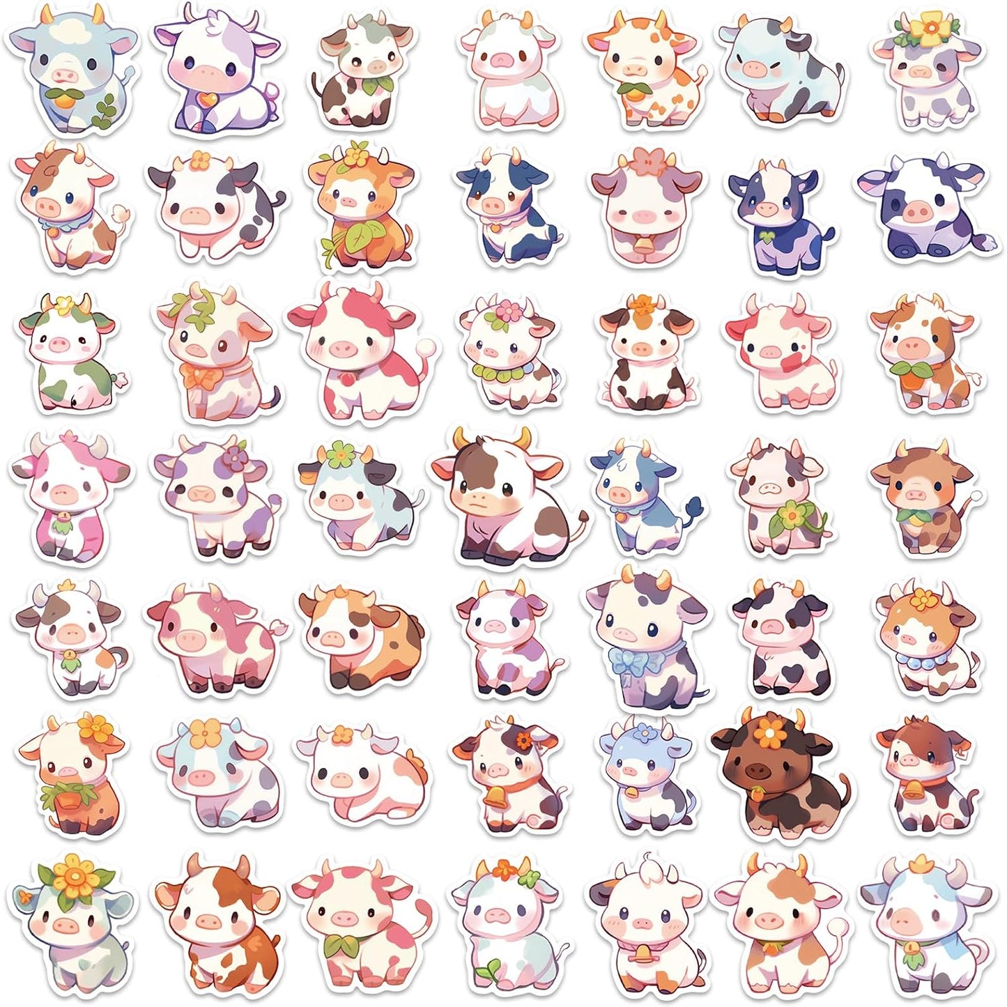 Aowplc Cute Cow Stickers | 50 Pcs Kawaii Rainbow Cow Stickers | Waterproof Vinyl Decals for Water Bottles Laptops
