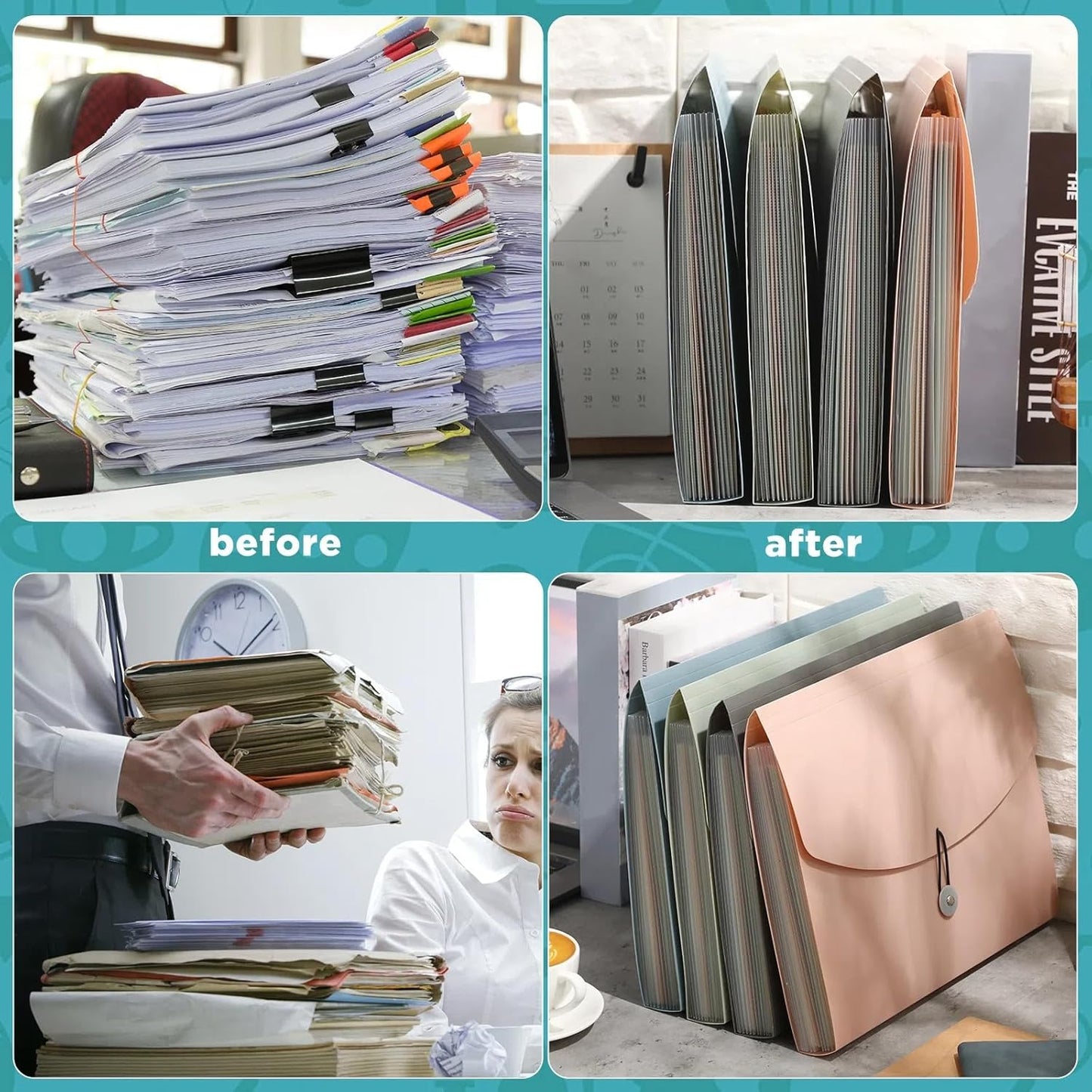 Harloon 4 Pcs Expanding File Folder 13 Pockets File Organizer with Labels A4 Letter Size Receipt Document Organizer Plastic Expandable Filing Folders for Office, Classroom, Home (Morandi Color)