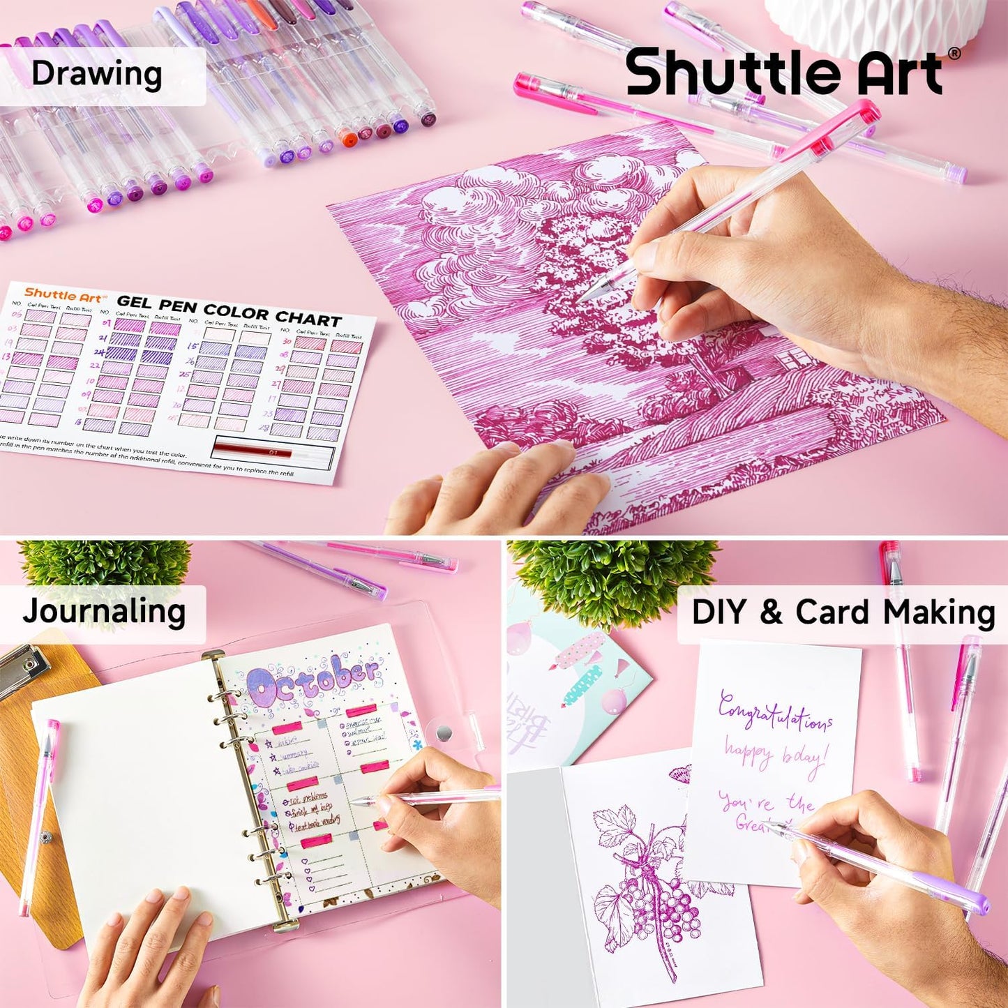 Shuttle Art 60 Pack Tone , Pink Purple Gel Pens with 30 Refills for Adults Coloring Books Journaling Drawing Nature, Landscapes, Animals Scenes