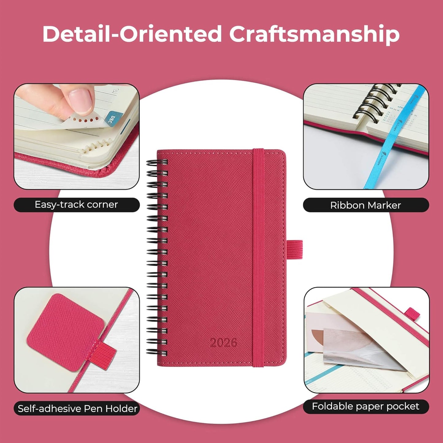 Planner 2026 Daily Weekly and Monthly,6.5"x3.75",12 Months Spiral Bound Calendar Agenda with Self-adhesive Pen Holder,2026 Appointment Book with Vegan Leather Soft Cover,Rose Red