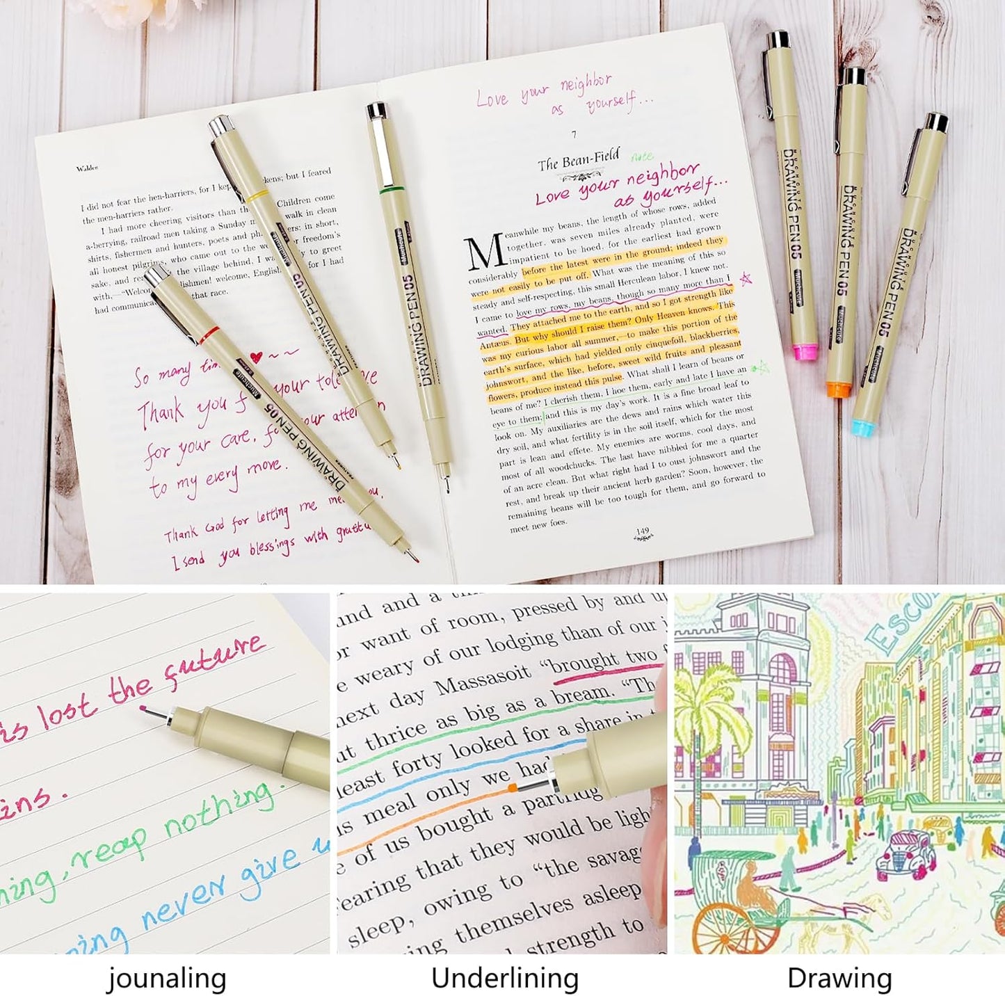 Muchcute 05 Micro Fineliner Drawing Art Pens: 12 Colors 0.45mm Extra Fine Point Bible No Bleed Smooth Journal Zentangle Study Supplies Colored Waterproof Line Ultra Needle Tip Fine liner Thin Gel Felt