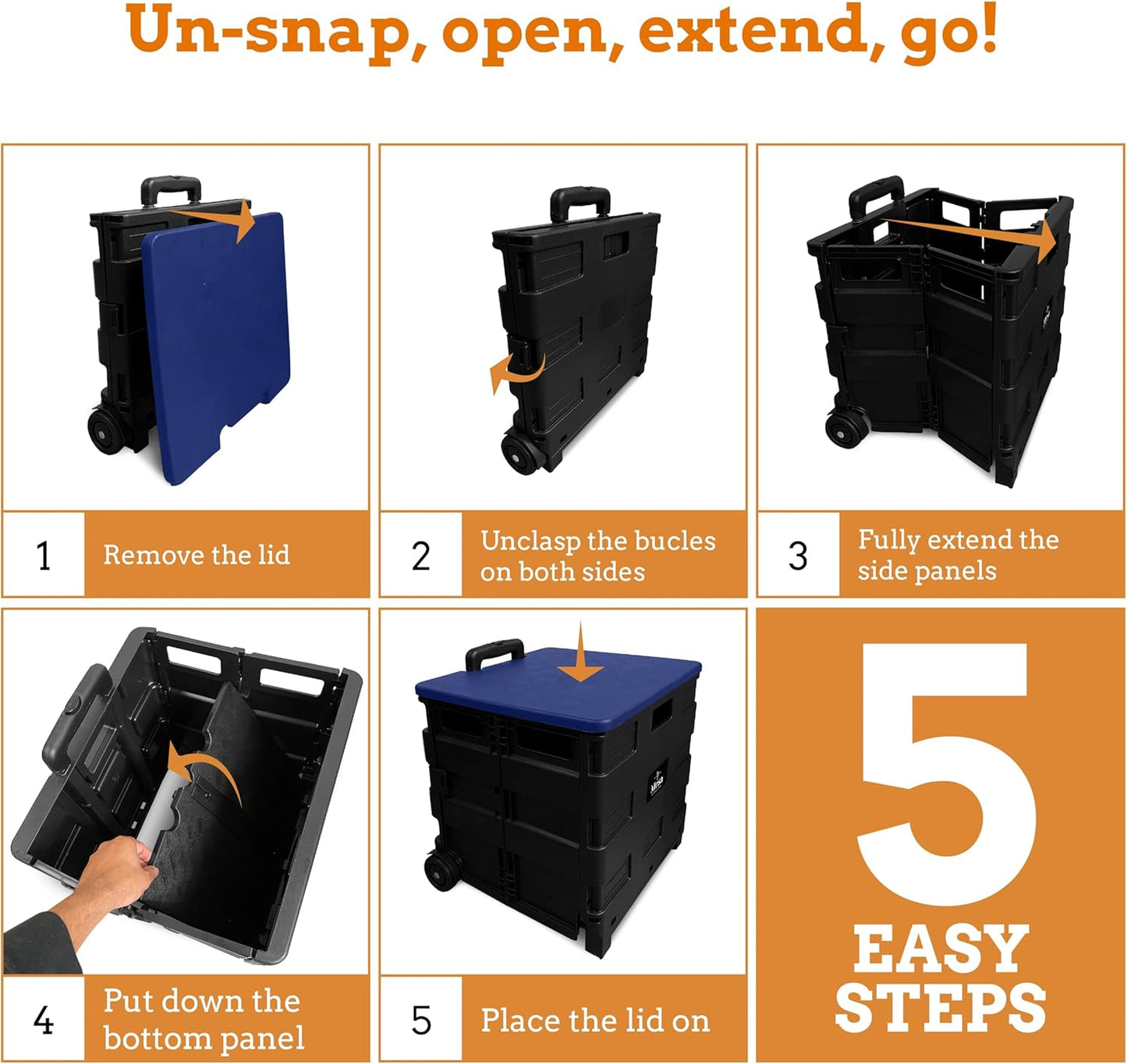 Inspired Living Collapsible Ultra-Slim Pack-N-Roll,2 Wheel Utility Cart w/Lid Used as Seat up to 250 Lbs, Telescopic Handle - Super Strong, for Home, Garden, Shopping, Office, School use, Large, Blue