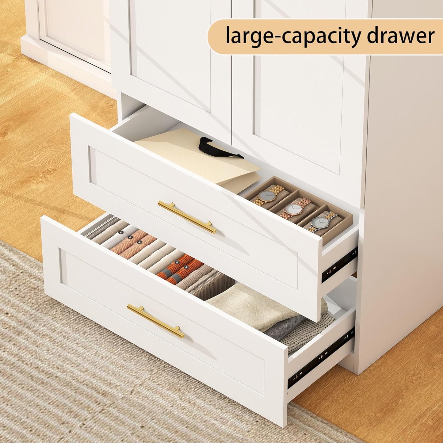 White Wardrobe with 4 Doors: 75" Tall Armoire Wardrobe Closet with 4 Drawers, Bedroom Closet Cabinet for Hanging Clothes, Wooden Storage Armoire with Shelves (Contemporary, 2)