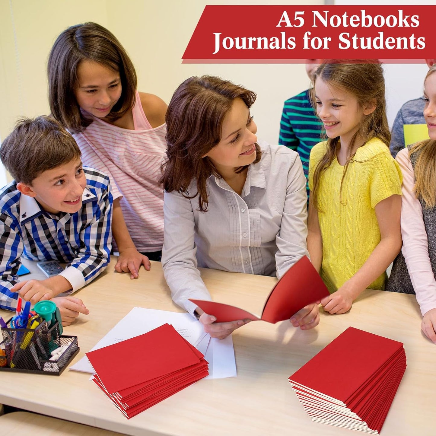 Sepamoon 150 Pack Kraft Notebook Journals 5.82 Inch x 4.13 Inch A6 Journal Softcover Notebooks Bulk for Kids Student Writing Sketch Travel Office Notepad with 48 Pages 24 Sheets, Lined (Red)