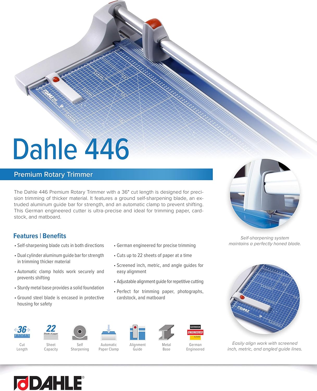 Dahle 446 Premium Rotary Trimmer, 36" Cut Length, 25 Sheet Capacity, Self-Sharpening, Automatic Clamp, German Engineered Paper Cutter