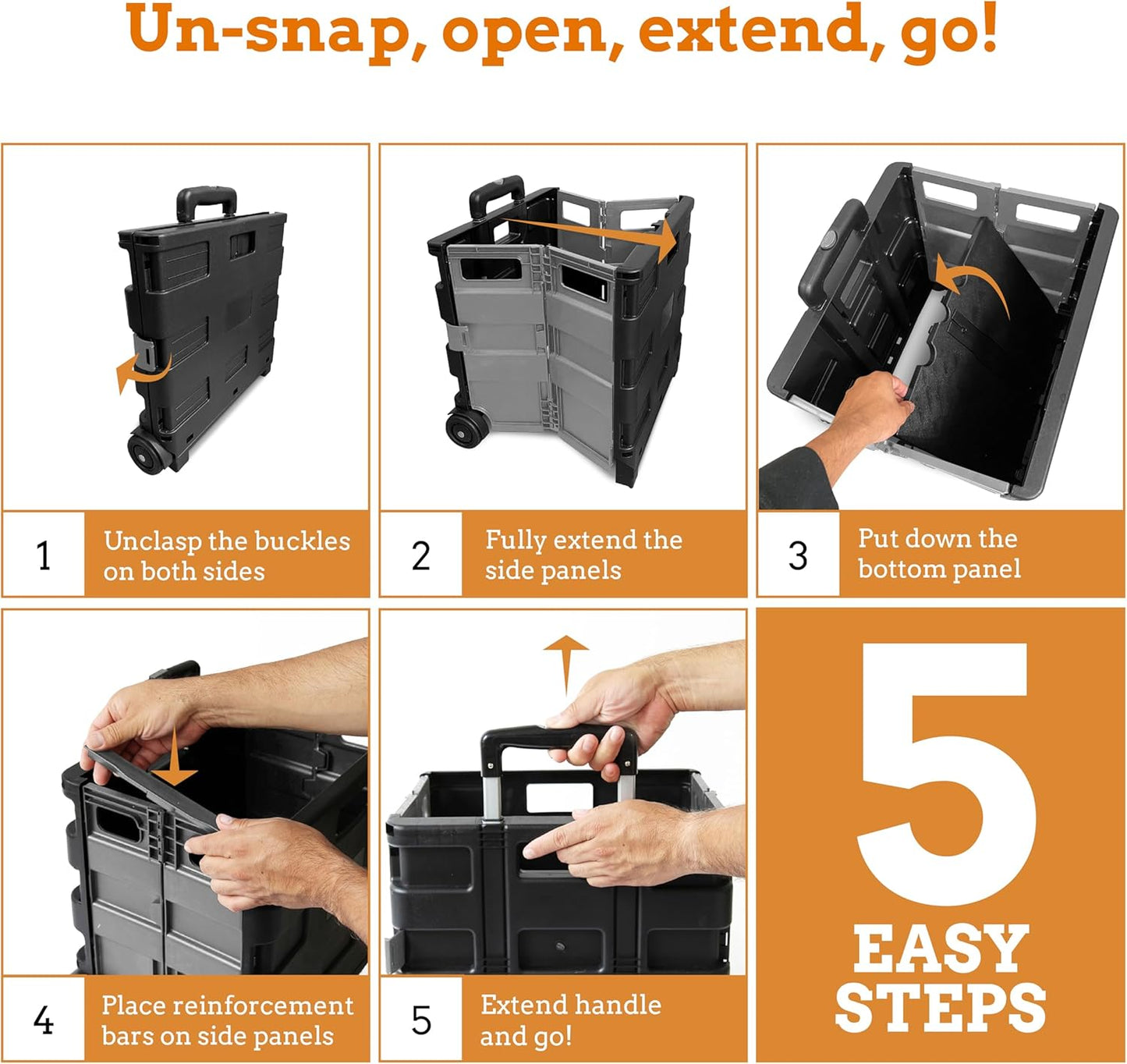 Inspired Living Ultra-Slim Rolling Collapsible Storage Pack-N-Roll Utility-carts, with Telescopic Handle, for Home, Garden, Shopping, Office, School use, Large, Grey & Black