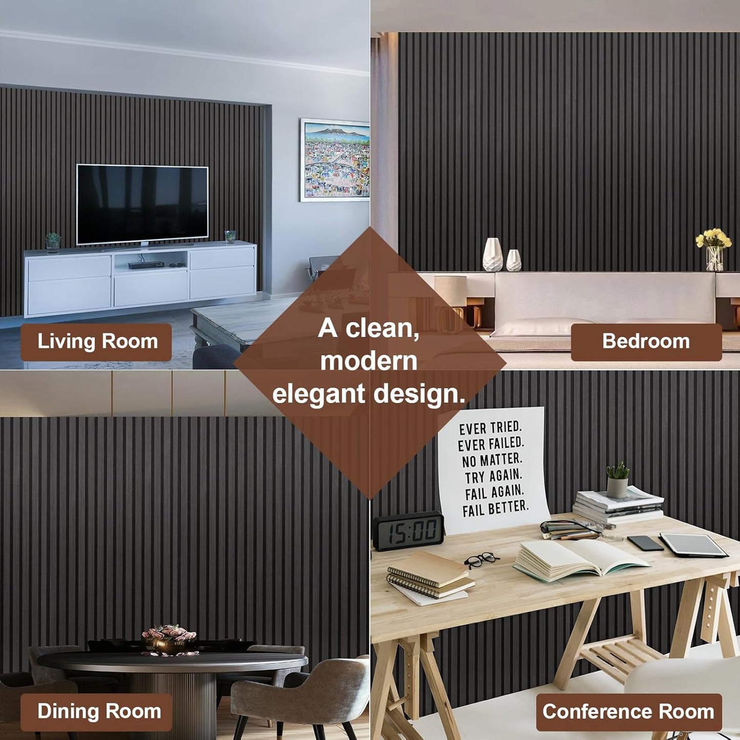 Yuzzy Wood Panels for Wall and Ceiling - 108 x 11 Inch Wood Slat Acoustic Panels 4 PCS - Modern Sound Absorbing Wall Panels for Interior Wall Decor for Home, Office, Studio - Rustic Black Oak