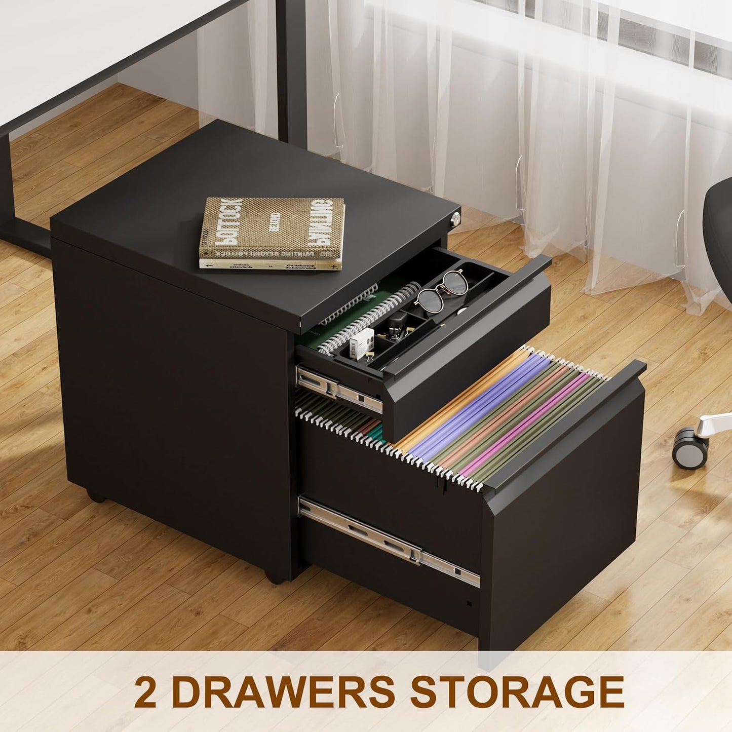 Metal Mobile File Cabinet with Lock and 4 Keys - Fully Assembled, Under Office Desk 2 Drawers Filing Cabinet for Home Office with Anti-tilt Wheels, A4/Legal/Letter Hanging File Drawers
