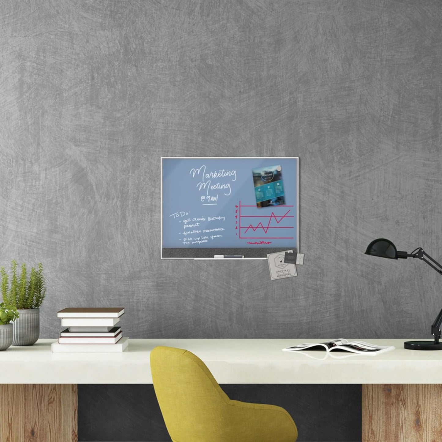 U Brands Magnetic Glass Dry-Erase Board, 24" X 18" Inches, Blue Surface, White Aluminum Frame