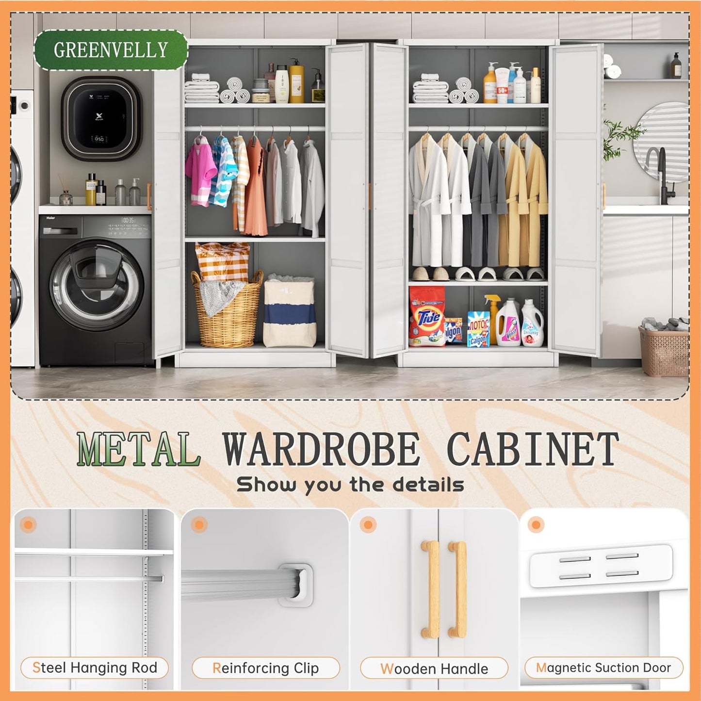 Greenvelly Metal Storage Wardrobe Cabinet, 72" White Metal Wardrobe Closet for Hanging Clothes with Doors and Shelves, Modern Steel Clothes Closet for Home, Office and Bedroom, School,Gym