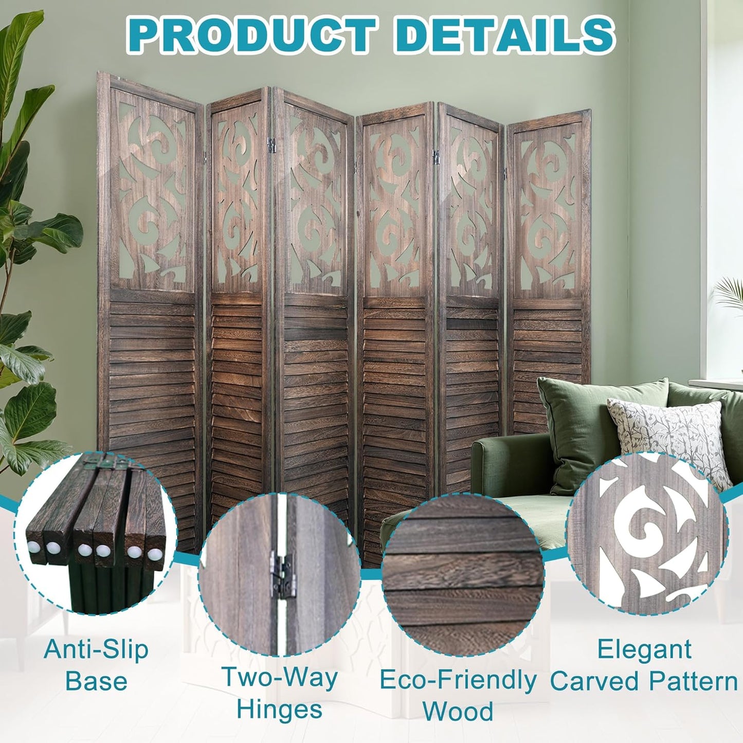 6 Panel Room Divider, 5.6FT Folding Carved Room Divider Screen, Free Assembled Freestanding Partition for Home Office Bedroom, Brown