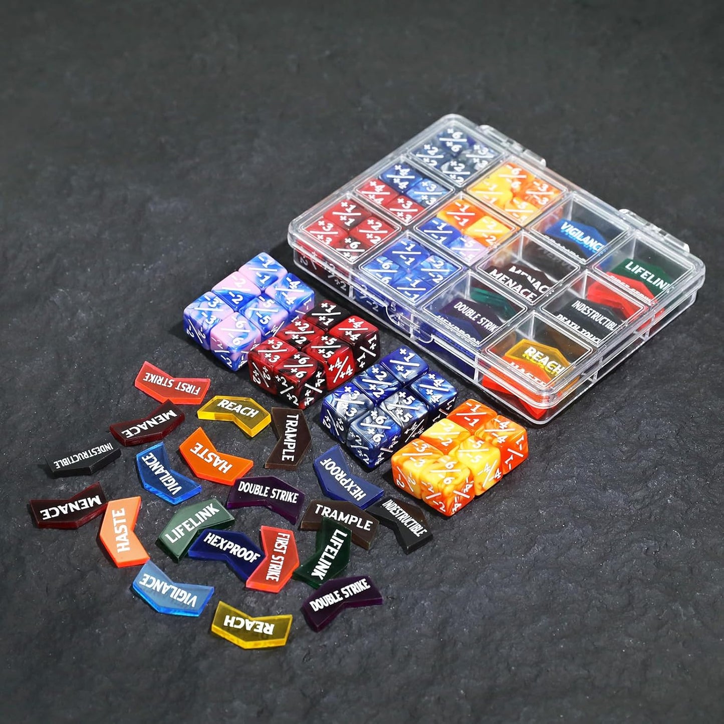 48PCS MTG Tokens & 12mm Dice Counter with Box, MTG Abilities Keyword Buff Tokens Life Counters Loyalty Dice for Magic The Gatering TCG Card Gaming Accessories CCG Creature Stats