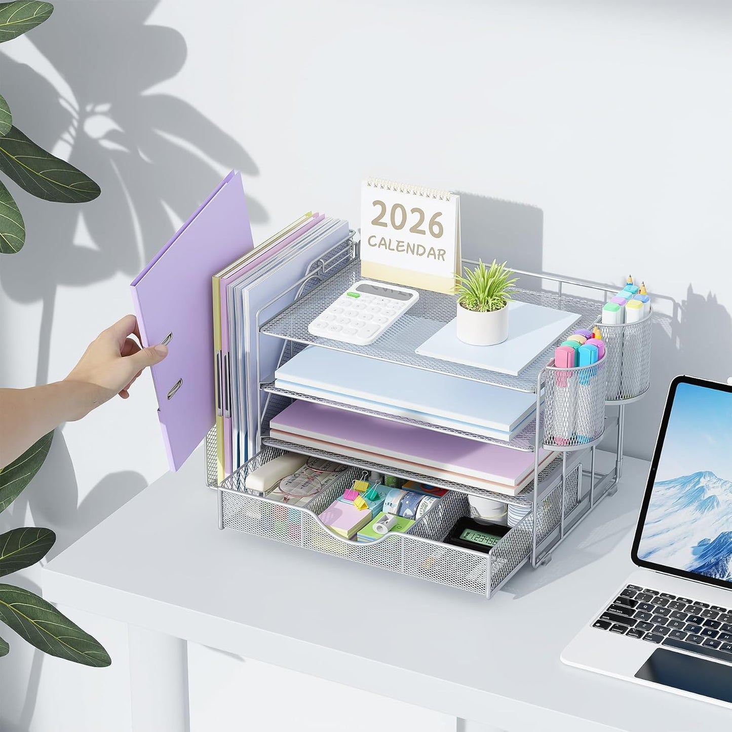 gianotter Desk Organizers and Accessories with File Holder, 4-Tier Desk Accessories & Workspace Organizers with Drawer and 2 Pen Holder, Paper Organizer for Office Supplies (Grey)