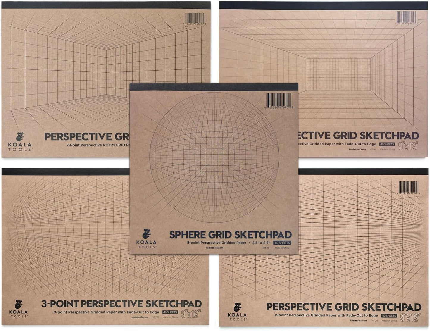 KOALA TOOLS Perspective Grid 9" x 12" Sketchpad Set, 5 Styles: 1-Point, 2-Point, 2-Point (Room Grid), 3-Point and Sphere Grid