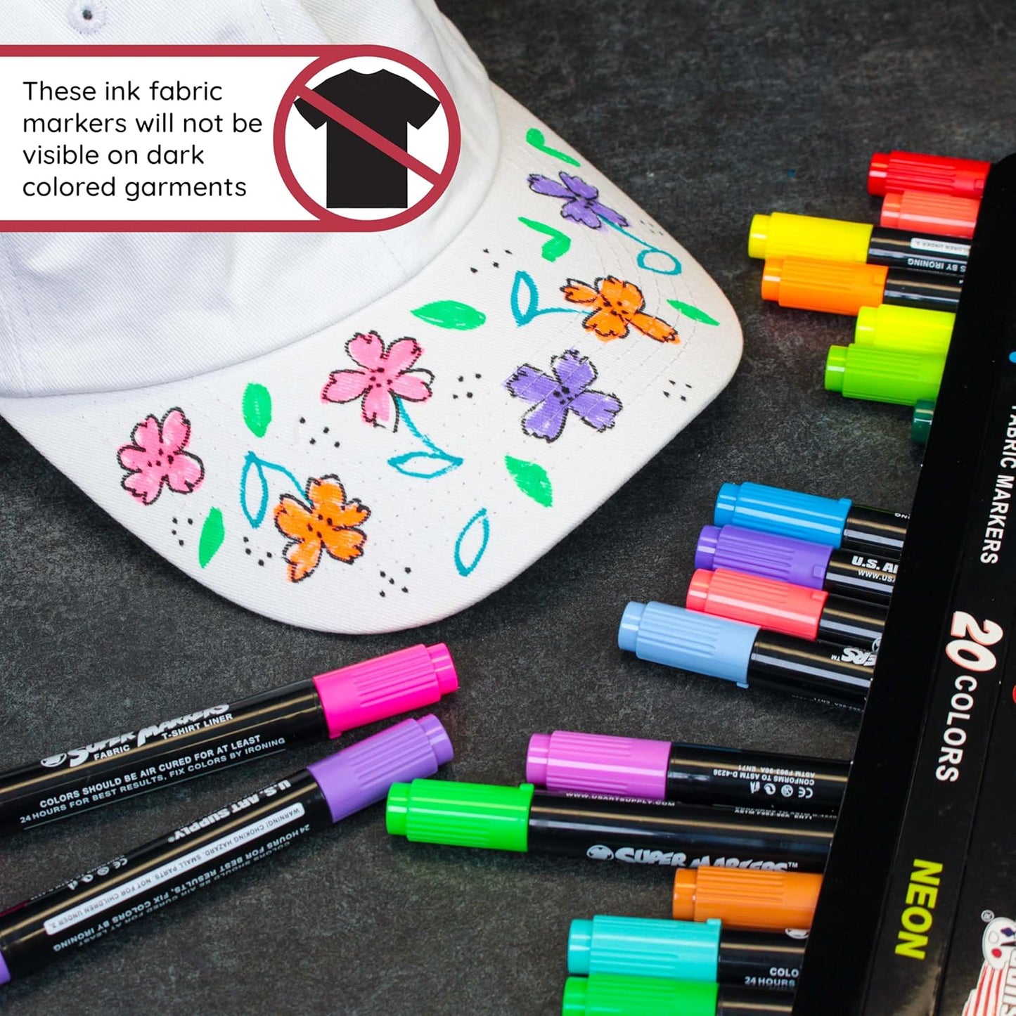 Super Markers 20 Unique Neon Colors Dual Tip Fabric & T-Shirt Marker Set - Double-Ended Fabric Markers with Chisel Point and Fine Point Tips - Ultra-Bright, Vibrant Bold Permanent Ink Colors, Clothing