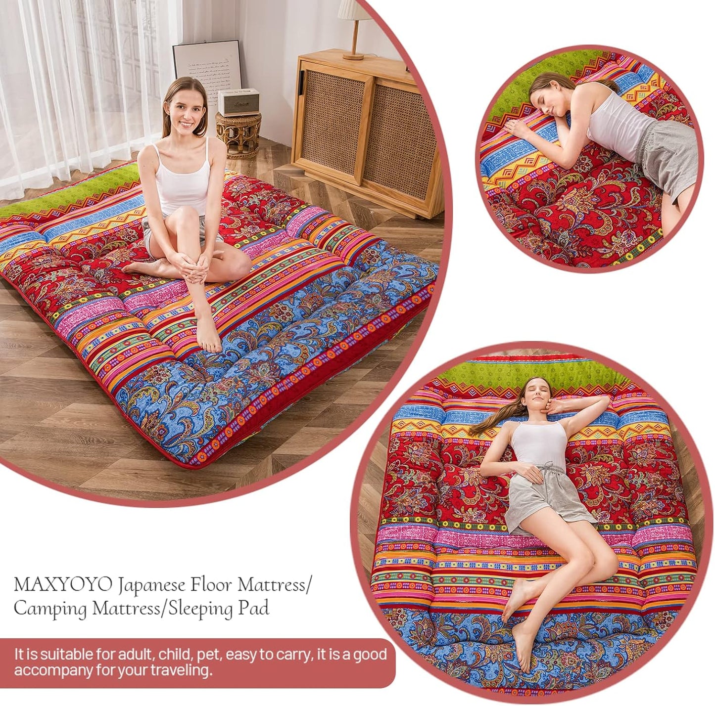 MAXYOYO Bohemian Retro Floor Mattress Vintage Floral Japanese Futon Mattress Roll Up Thicken Sleeping Bed Portable Camping Mattress Floor Lounger Couch Bed Mattress Pad, Twin Size