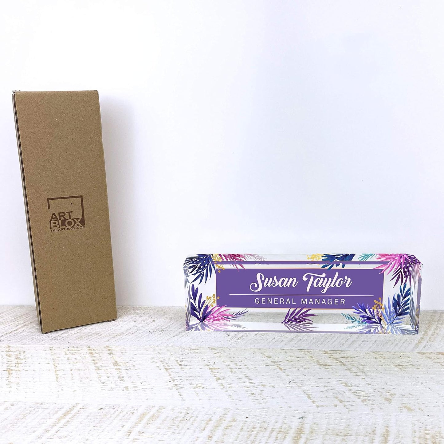 Artblox Office Desk Name Plate Personalized | Custom Name Plates for Desks | Purple Leaf Design On Clear Acrylic Glass | Office Desk Decor - (8" x 2.5")