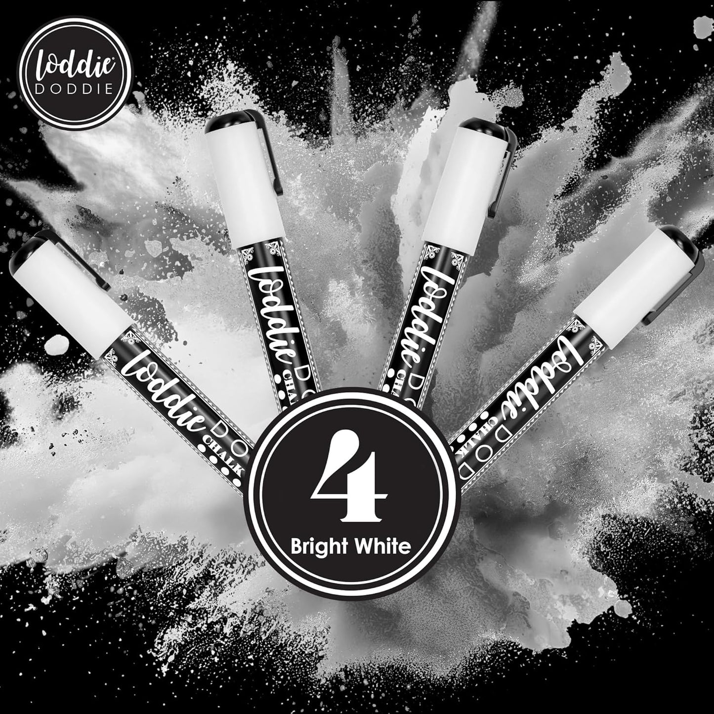 Loddie Doddie Liquid Chalk Markers - Pack of 4, 6mm White Chalk Markers for Chalkboard, Window, Glass & Bistro, Bullet & Chisel Tip - Erasable Ink Pens for Blackboard - Chalkboard Pens Erasable