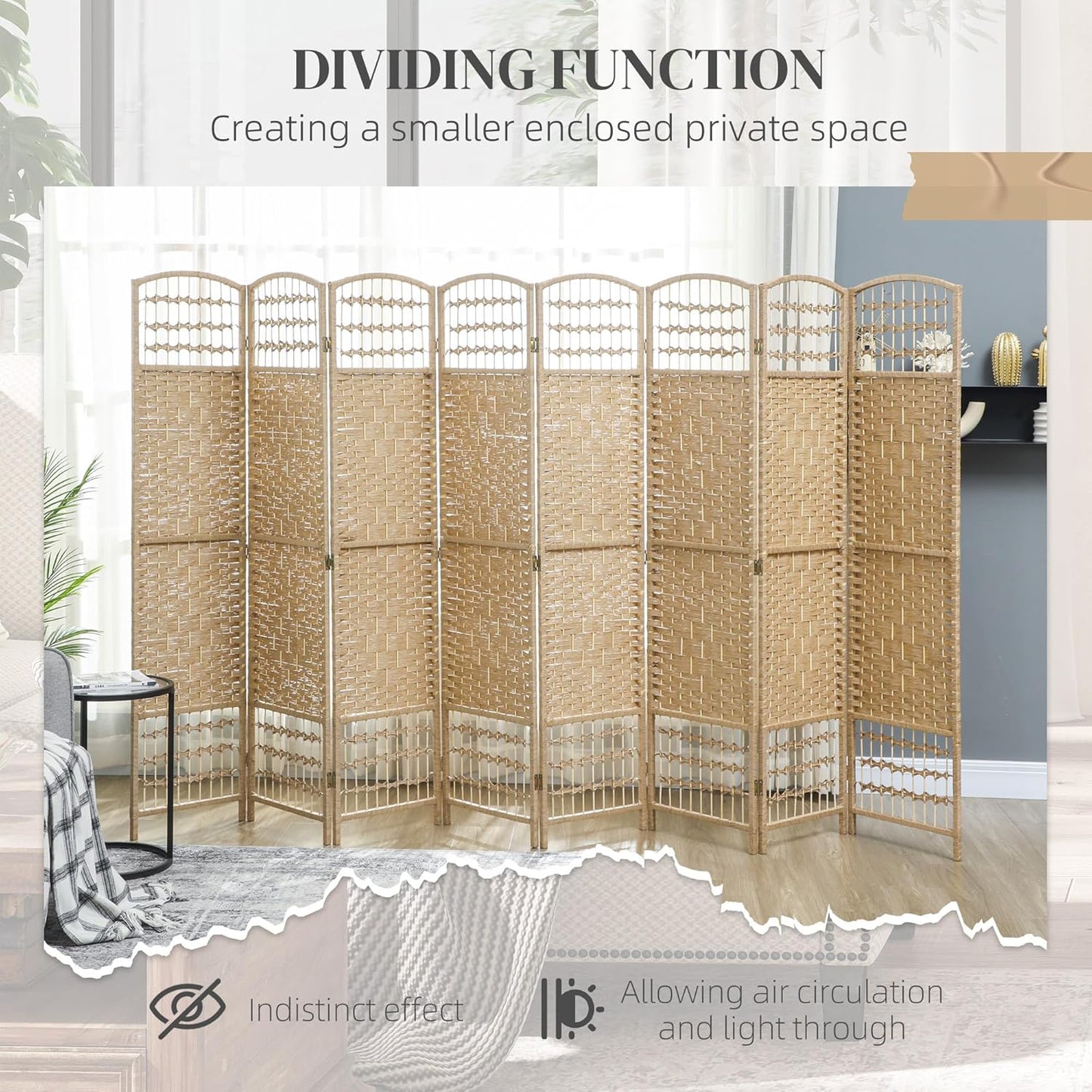 HOMCOM 8 Panel Room Divider, Folding Privacy Screen, 5.6' Room Separator, Wave Fiber Freestanding Partition Wall Divider, Natural
