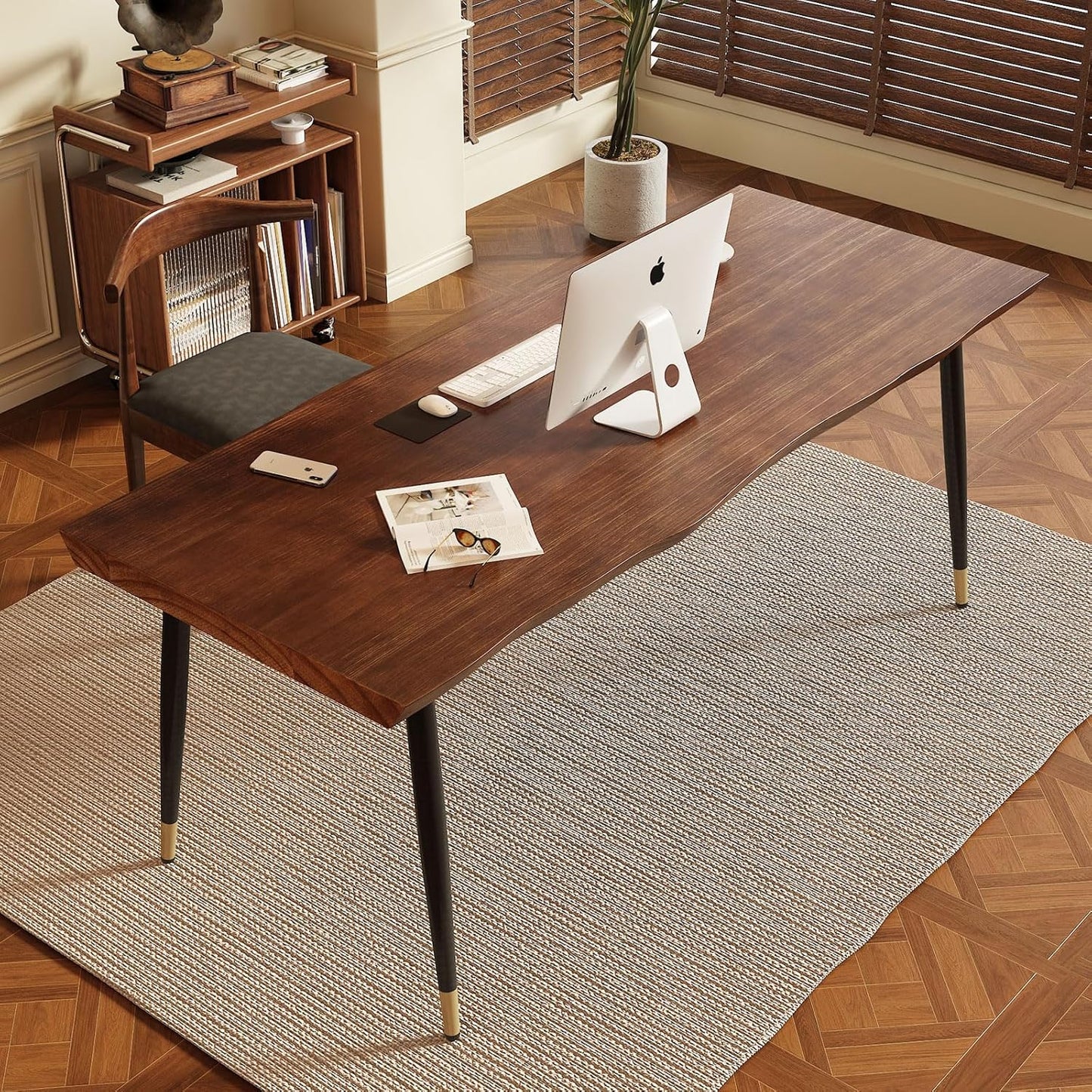 Solid Wood Desk 55 inches, Home Office Computer Desk Wooden Rustic Writing Desk Metal Modern Simple Design Executive Real Wood Desk(Walnut)