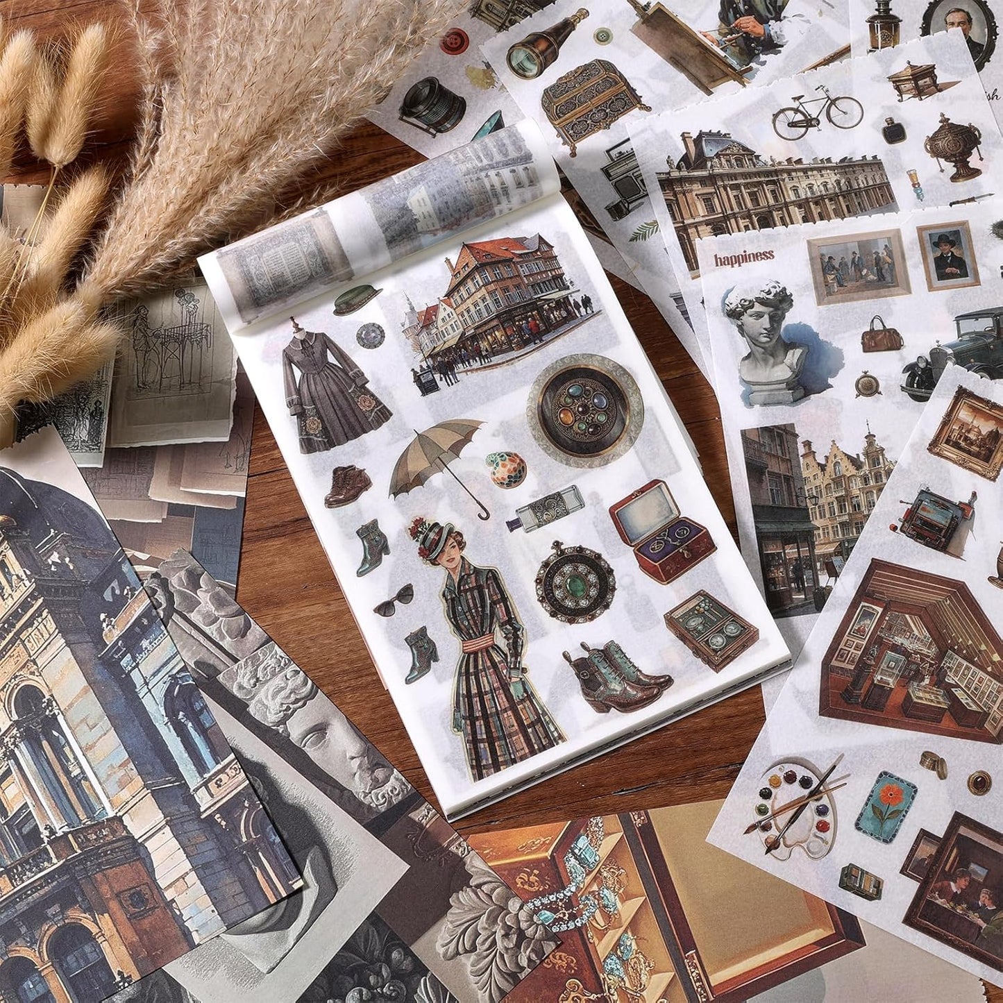 Scrapbooking Stickers 400 Pre-Cut Washi Stickers & 20 Scrapbook Papers Museum Vintage Sticker Books for journaling Scrapbooking Supplies