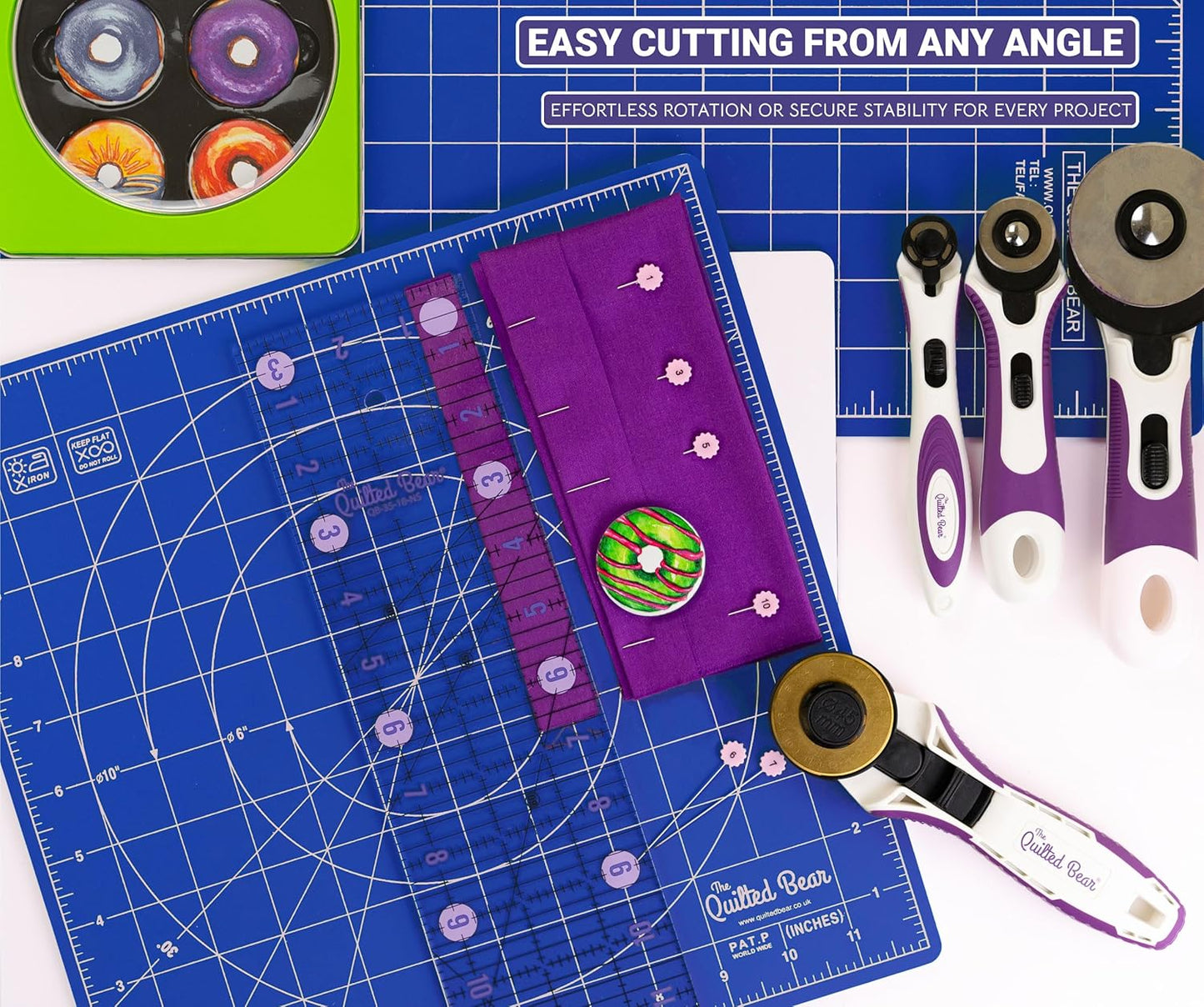 The Quilted Bear Rotating Cutting Mat 7" x 7" - Locking & Rotating Self Healing Cutting Board for Sewing, Fabric & Effortless Quilting - 360 Degree Sewing Supplies Mat for Craft Table (Blue)