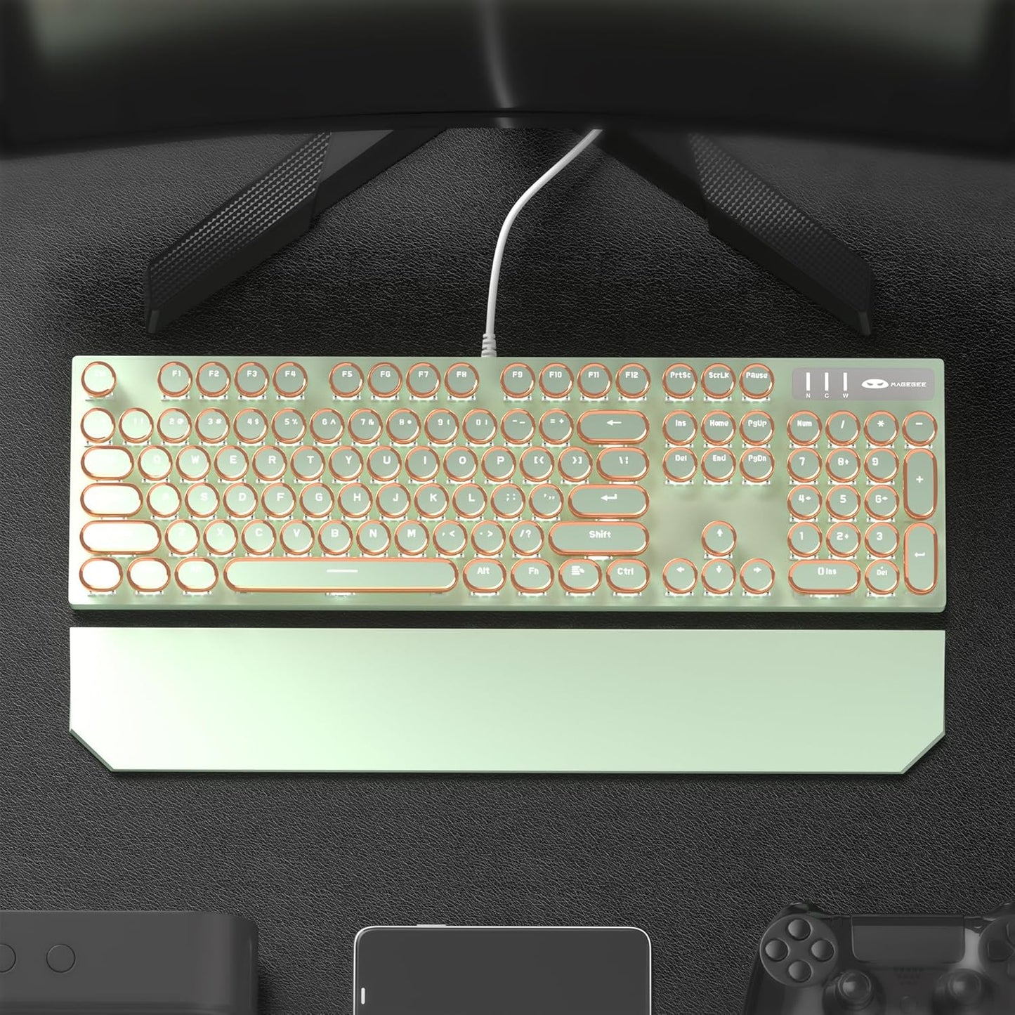 Camiysn Typewriter Style Mechanical Gaming Keyboard, Green Retro Punk Gaming Keyboard with White Backlit, 104 Keys Blue Switch Wired Cute Keyboards, Round Keycaps for Windows/Mac/PC