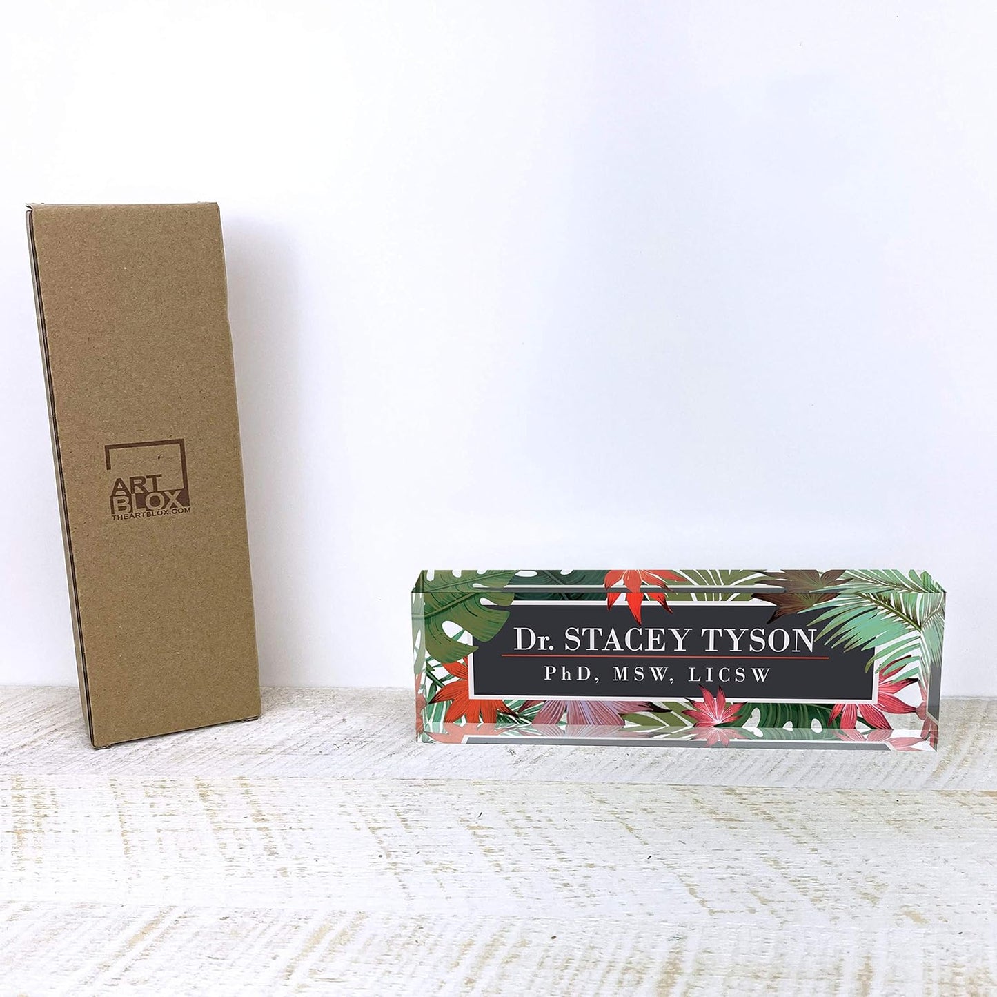 Artblox Personalized Name Plate for Desk | Leaf Flowers Design On Clear Acrylic Glass | Custom Desk Name Plate Personalized with Your Name and Credentials for Teacher Phd Military Office Name Plate