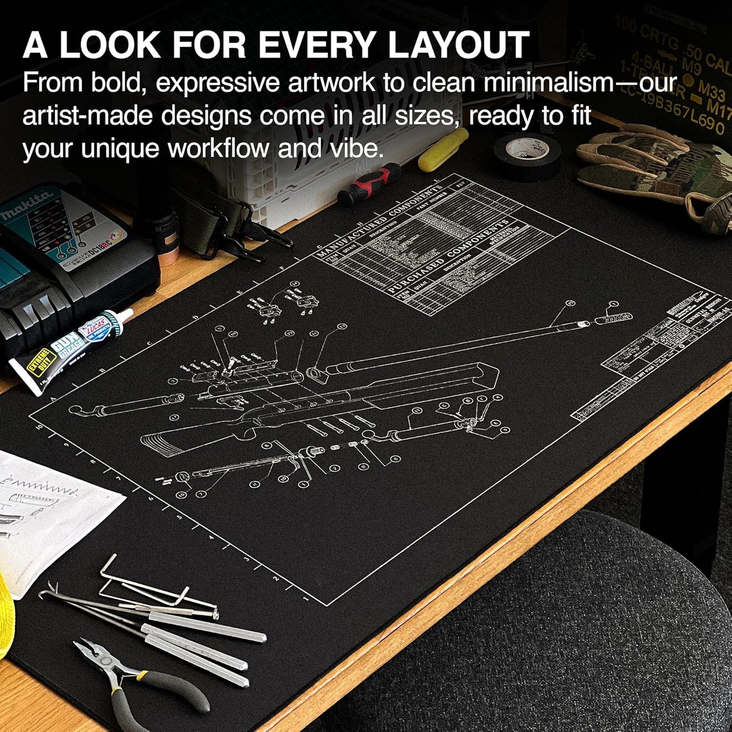 MPCO. Blueprints Large Gaming Desk Pad - 36" x 17" Duraglyde Fabric Browning 50 Cal – Black Desk Mats - Non-Slip, Washable, Smooth Glide for Precision Gaming & Work