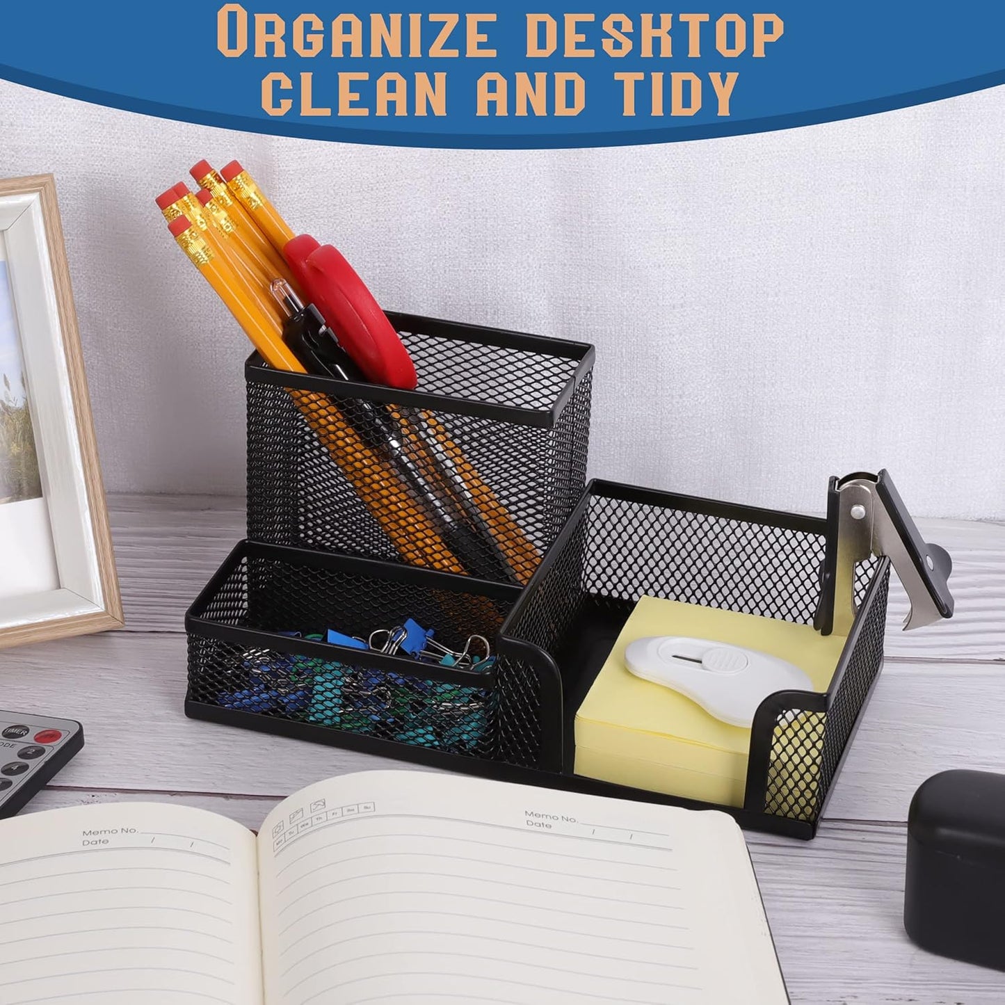 Ludato Desk Organizers Mesh Pencil Holder,3 Compartments Black Mesh Pen Holder Storage for Office Desk Accessories