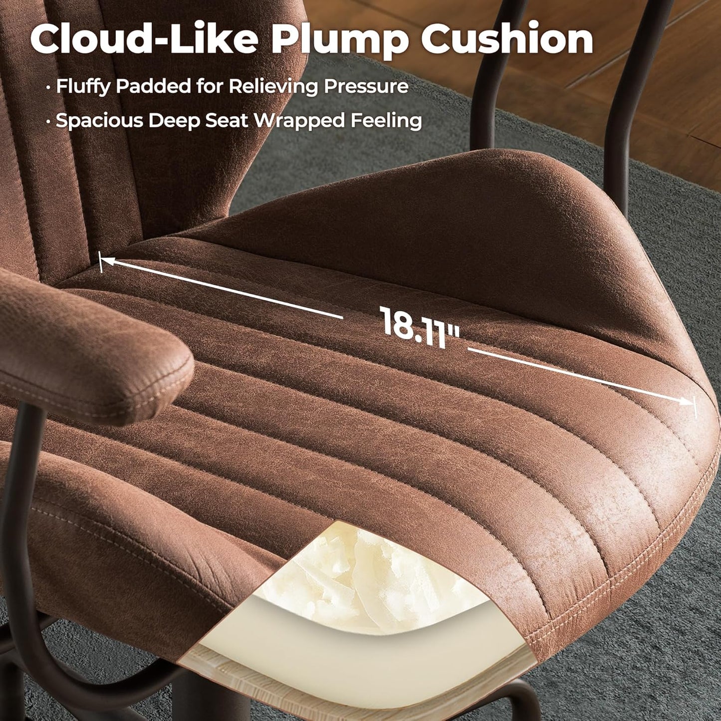 ovios Ergonomic Home Office Chair, Mid-Century Modern Faux Leather Chairs with Padded Armrests, Comfy Mid Back Swivel Rolling Executive Computer Armchair (Dark Brown, Suede Leather)